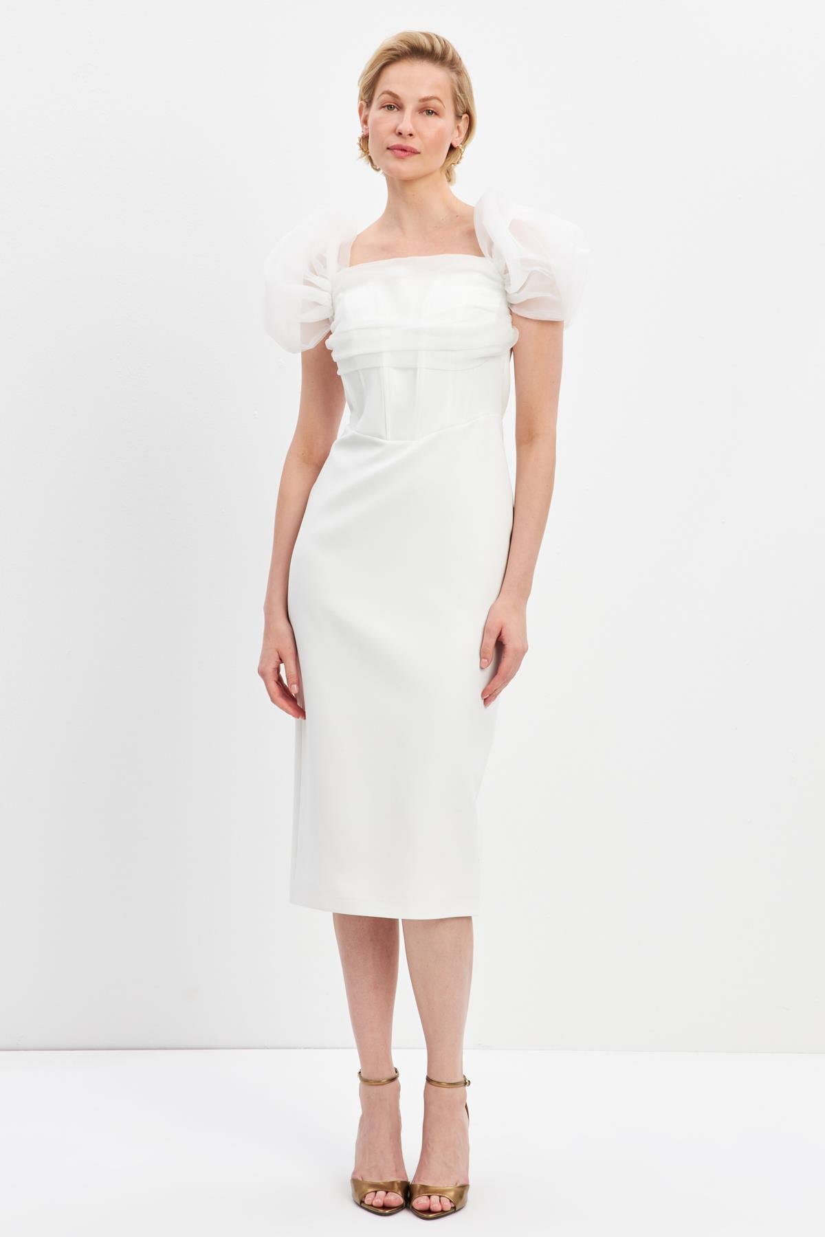 Ekru Yaka Ve Kol Tül Detaylı Elbise Kadın Dresses & Evening Dresses modelleri