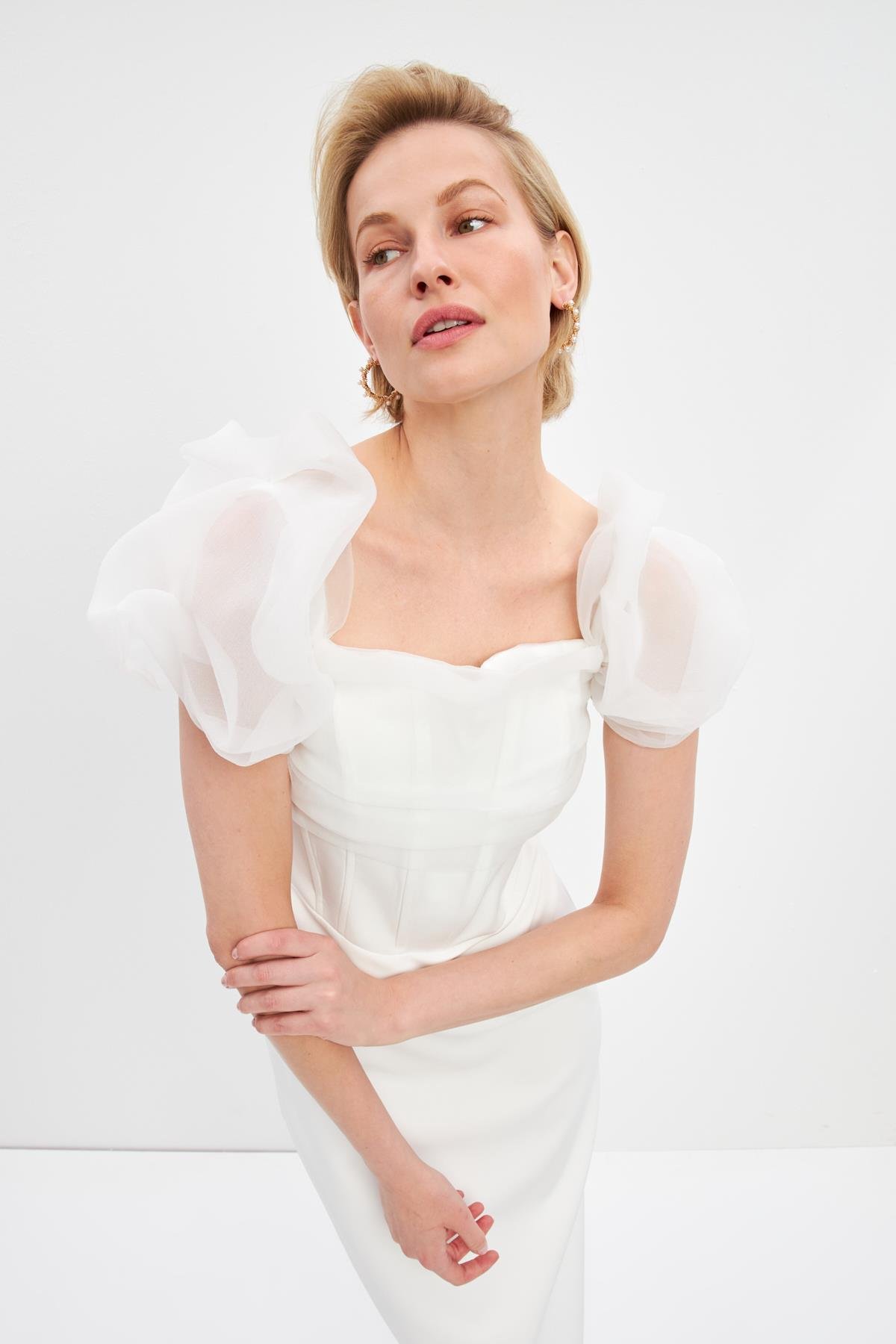 Ekru Yaka Ve Kol Tül Detaylı Elbise Kadın Dresses & Evening Dresses modelleri