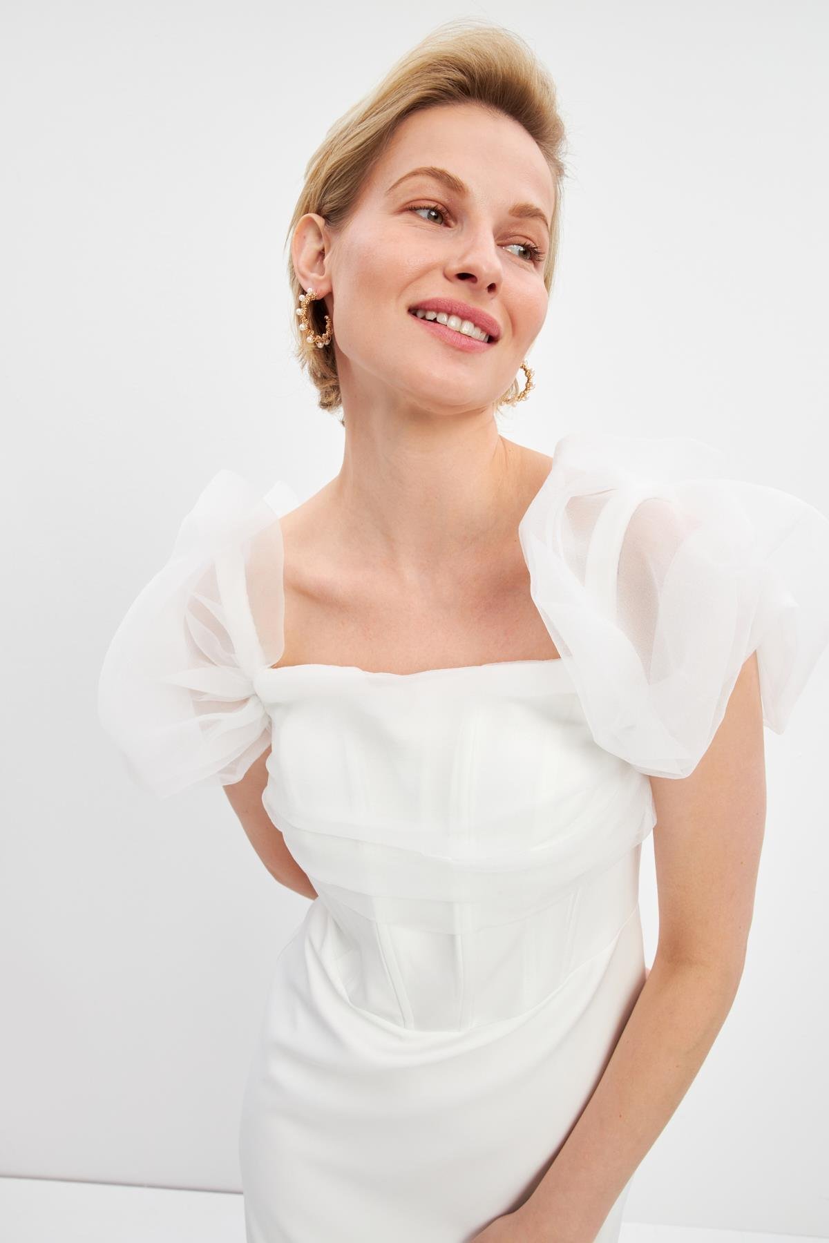 Ekru Yaka Ve Kol Tül Detaylı Elbise Kadın Dresses & Evening Dresses modelleri