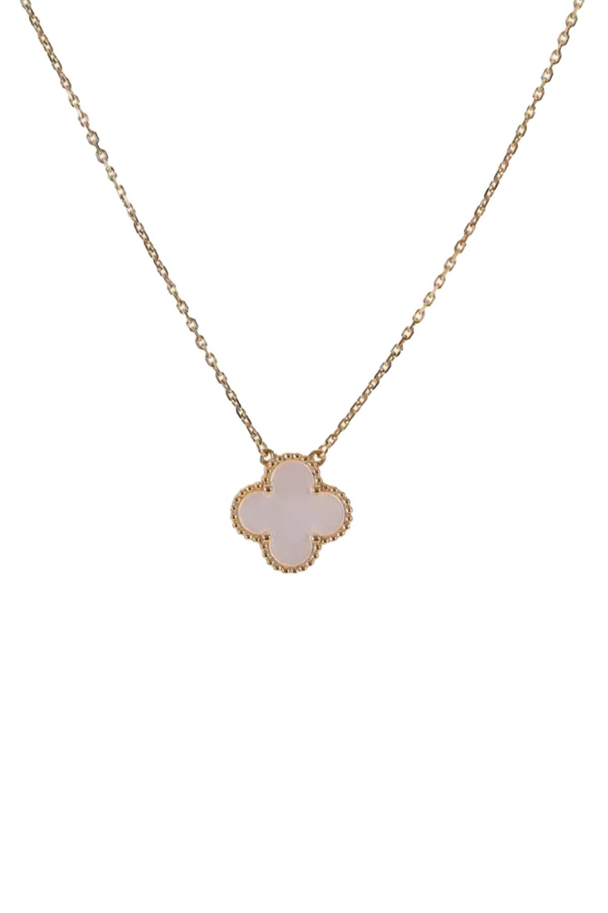 Fare Tüyü Van Cleef Çelik Vintage Alhambra Model Uçuk Pembe Mineli Altın Zincir Tek Motif İthal Kolye Kadın Kolye modelleri