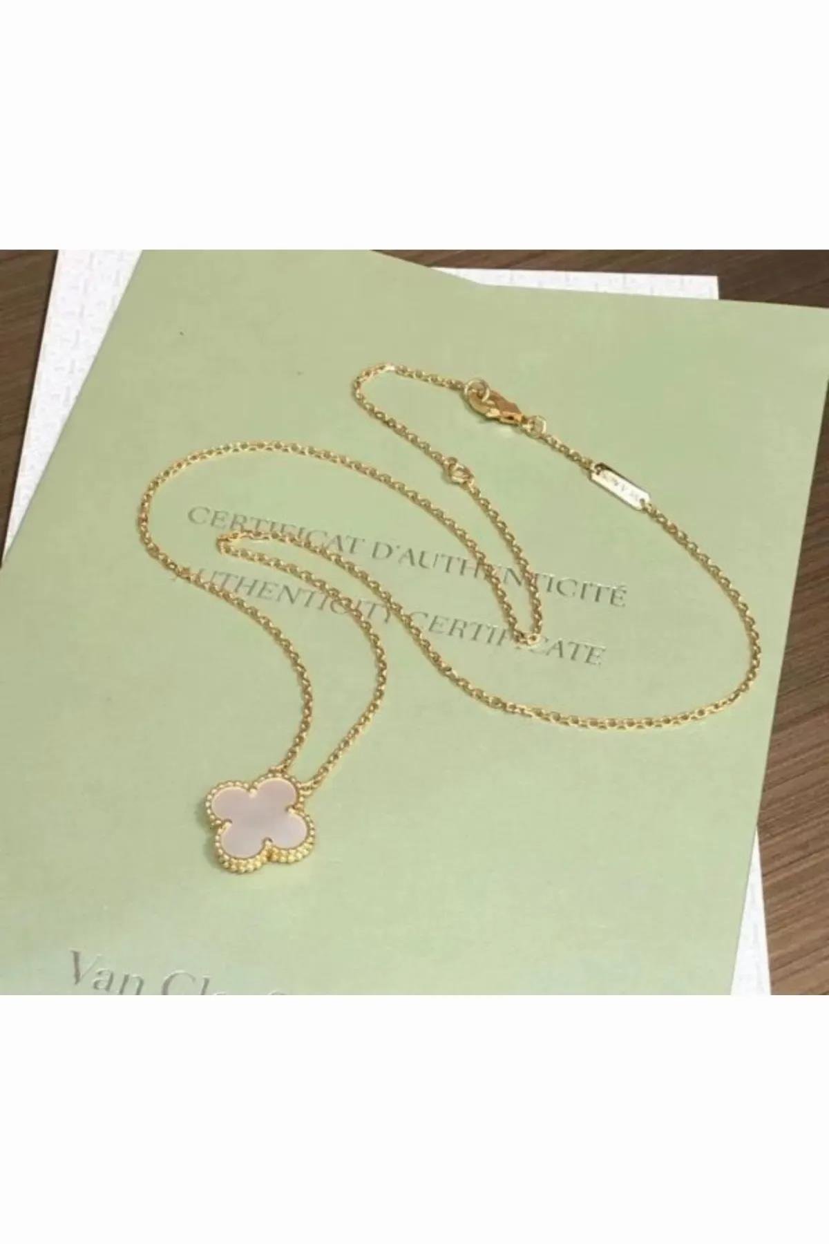 Fare Tüyü Van Cleef Çelik Vintage Alhambra Model Uçuk Pembe Mineli Altın Zincir Tek Motif İthal Kolye Kadın Kategorisiz modelleri