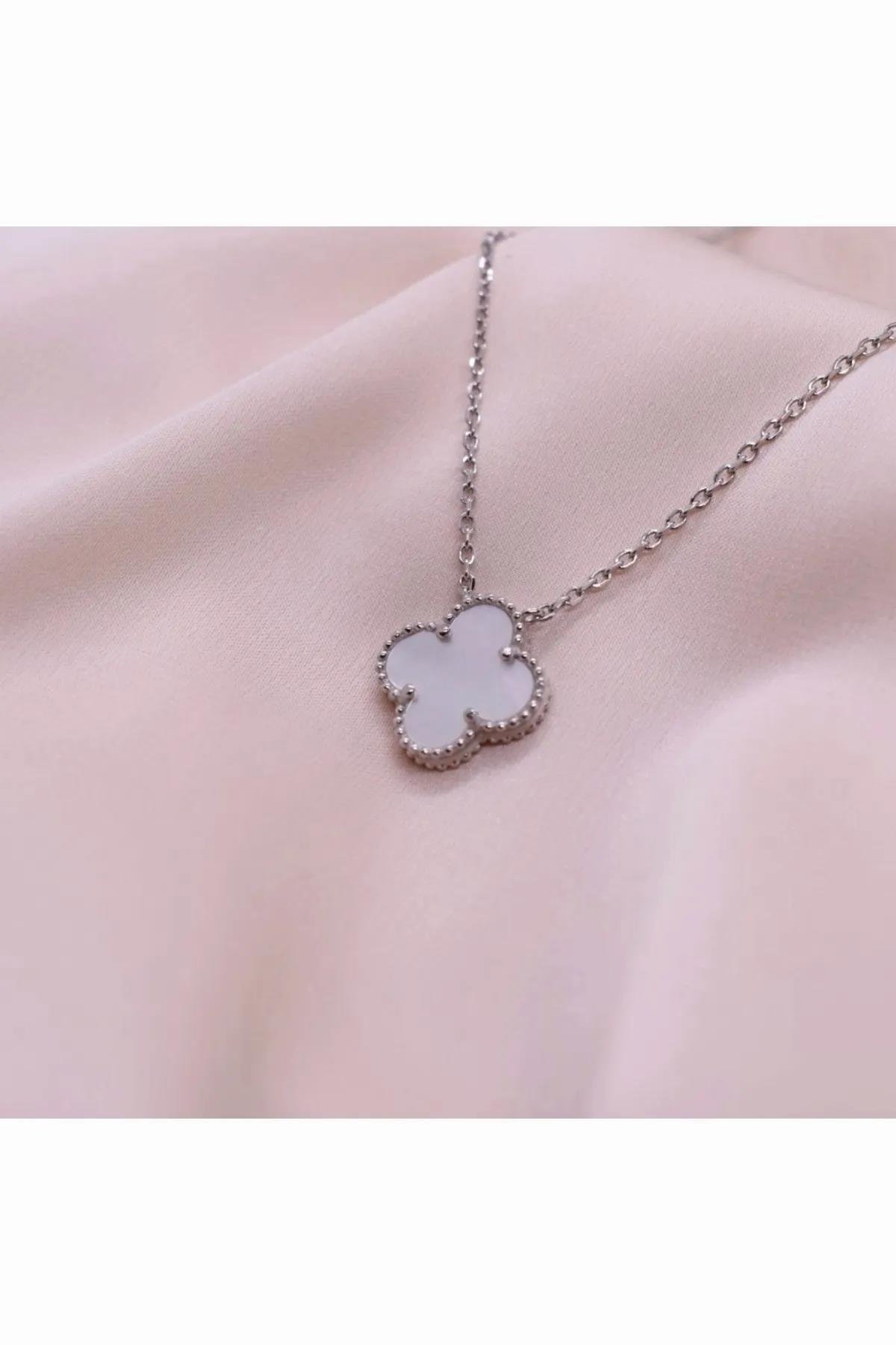 Fare Tüyü Van Cleef Çelik Vintage Alhambra Model Uçuk Pembe Mineli Altın Zincir Tek Motif İthal Kolye Kadın Kategorisiz modelleri