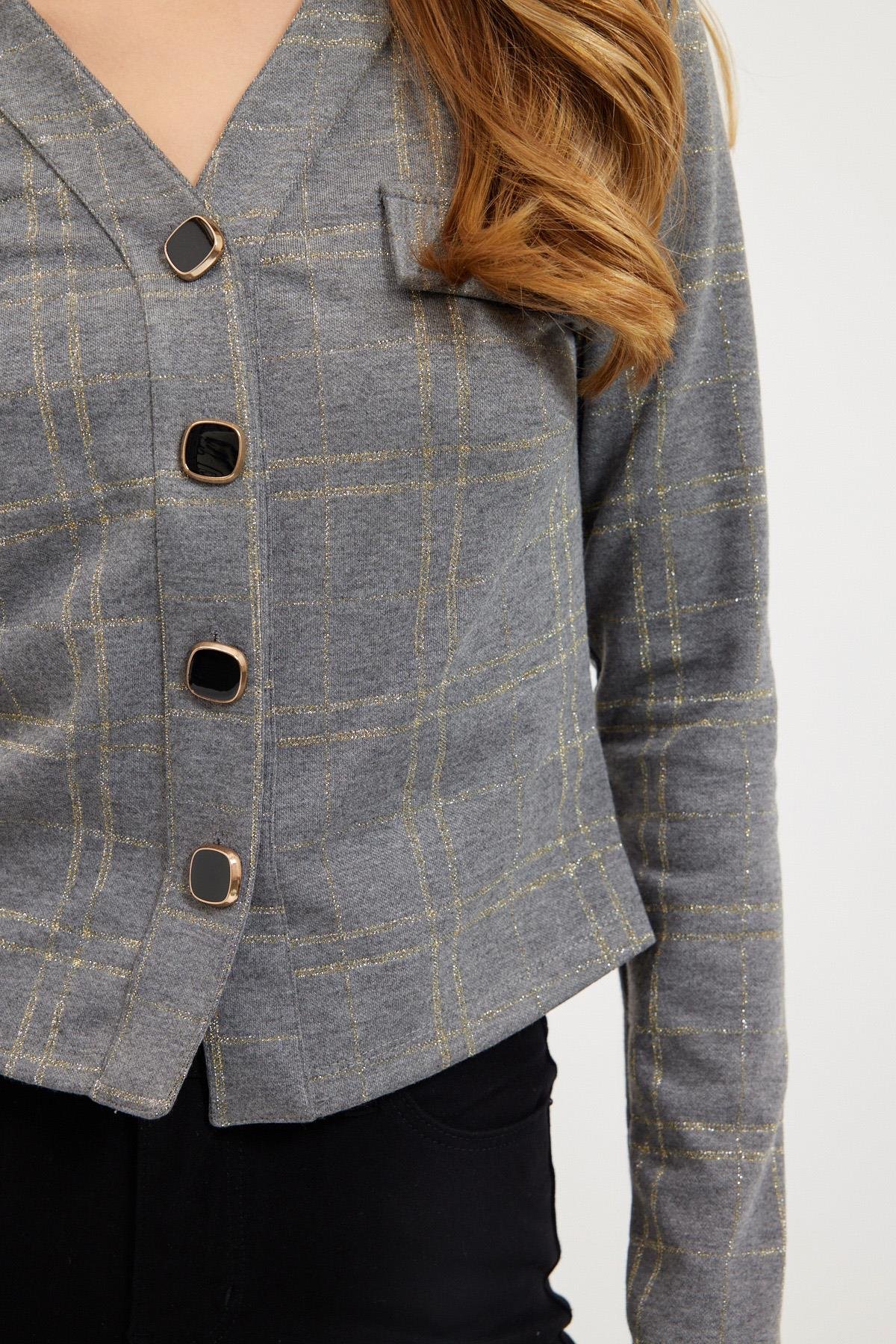 Gri Cep Detaylı Düğmeli Hırka Kadın Blouse modelleri