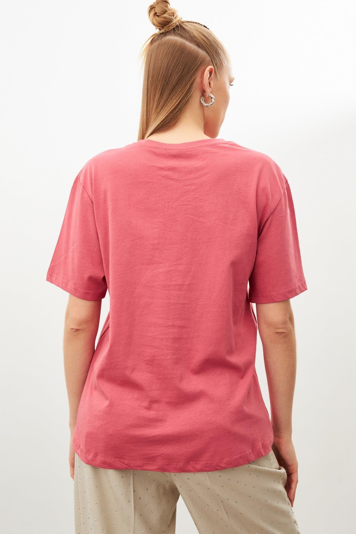 Gül Kurusu Kabartmalı Bisiklet Yaka T-Shirt Kadın T-Shirt modelleri