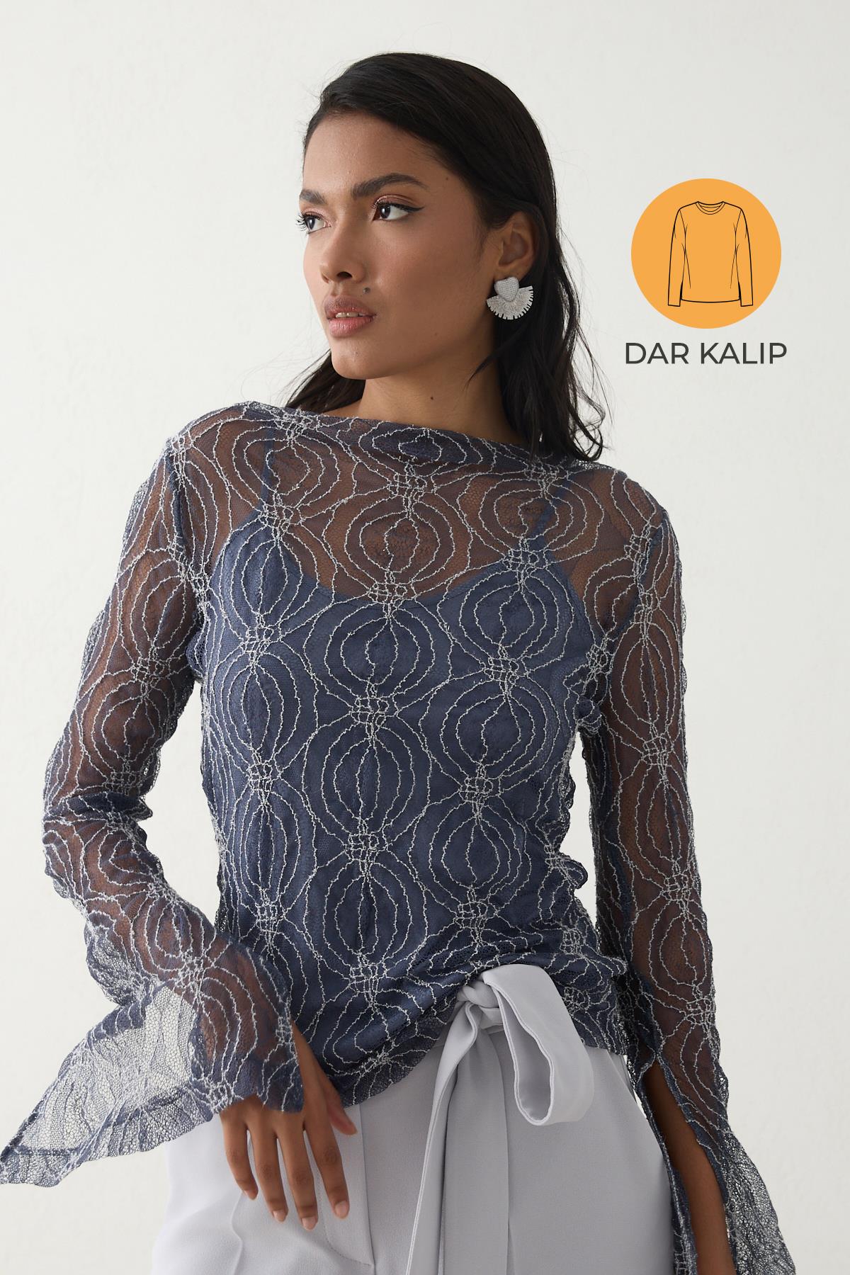 İndigo Transparan İç Astar Detaylı Desenli Uzun Kollu Bluz Kadın Blouse modelleri