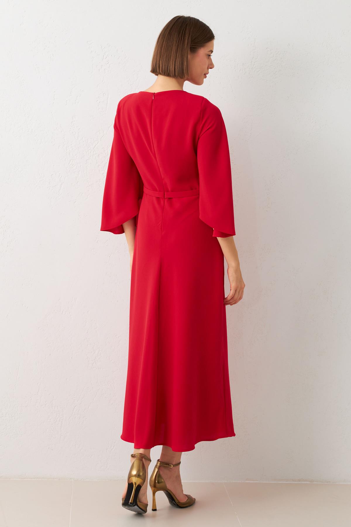 Kırmızı Boyun, Kol Ve Bel Detaylı Midi Boy Elbise Kadın Dresses & Evening Dresses modelleri