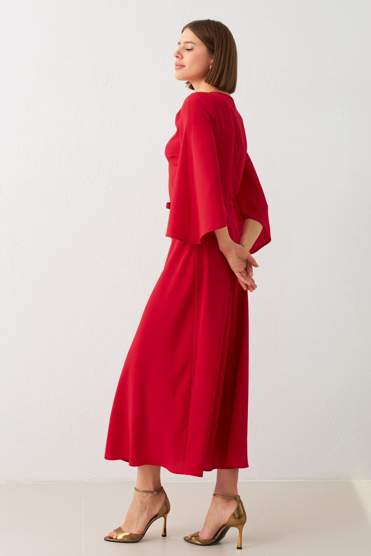 Kırmızı Boyun, Kol Ve Bel Detaylı Midi Boy Elbise Kadın Dresses & Evening Dresses modelleri