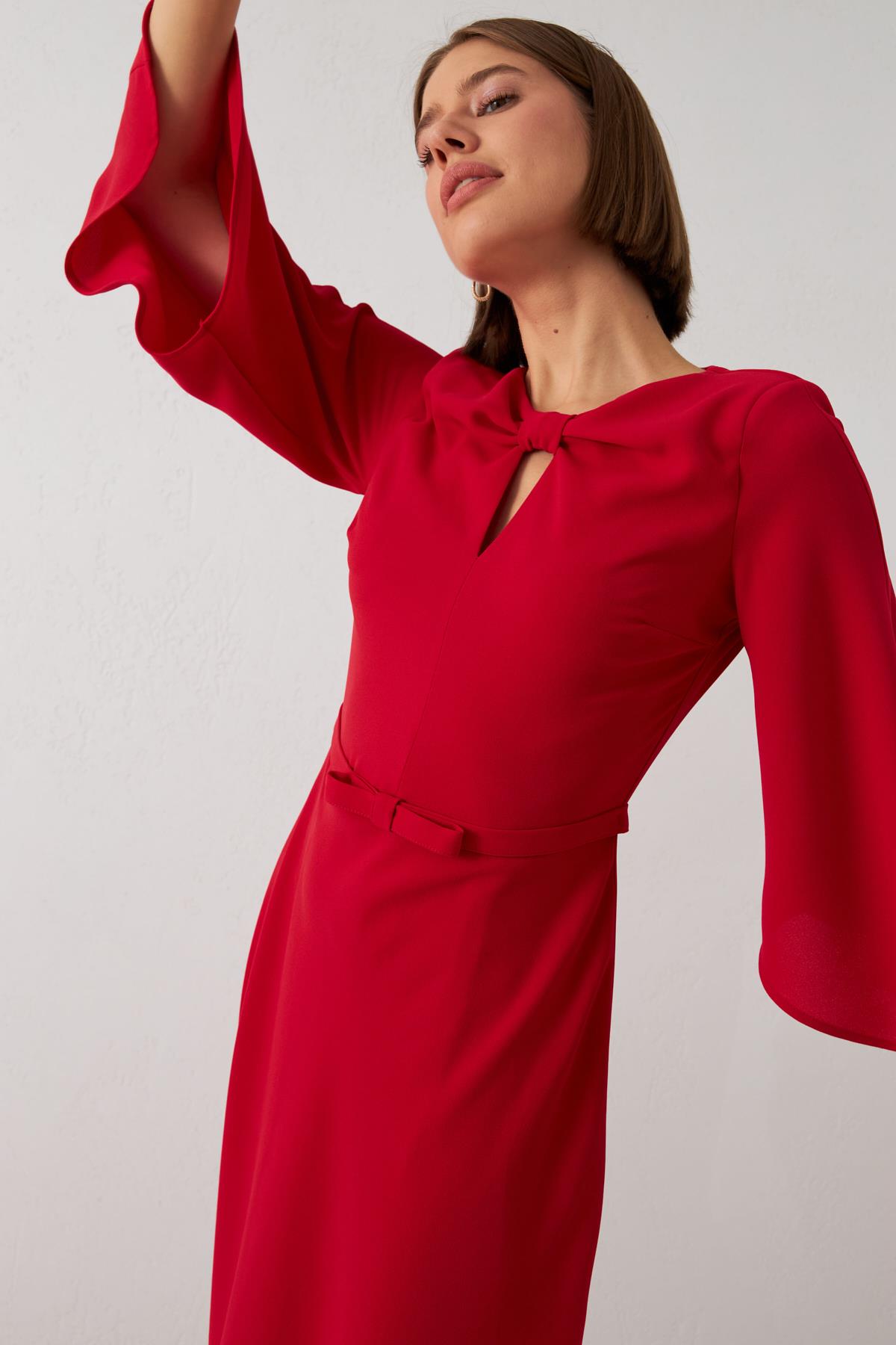 Kırmızı Boyun, Kol Ve Bel Detaylı Midi Boy Elbise Kadın Dresses & Evening Dresses modelleri