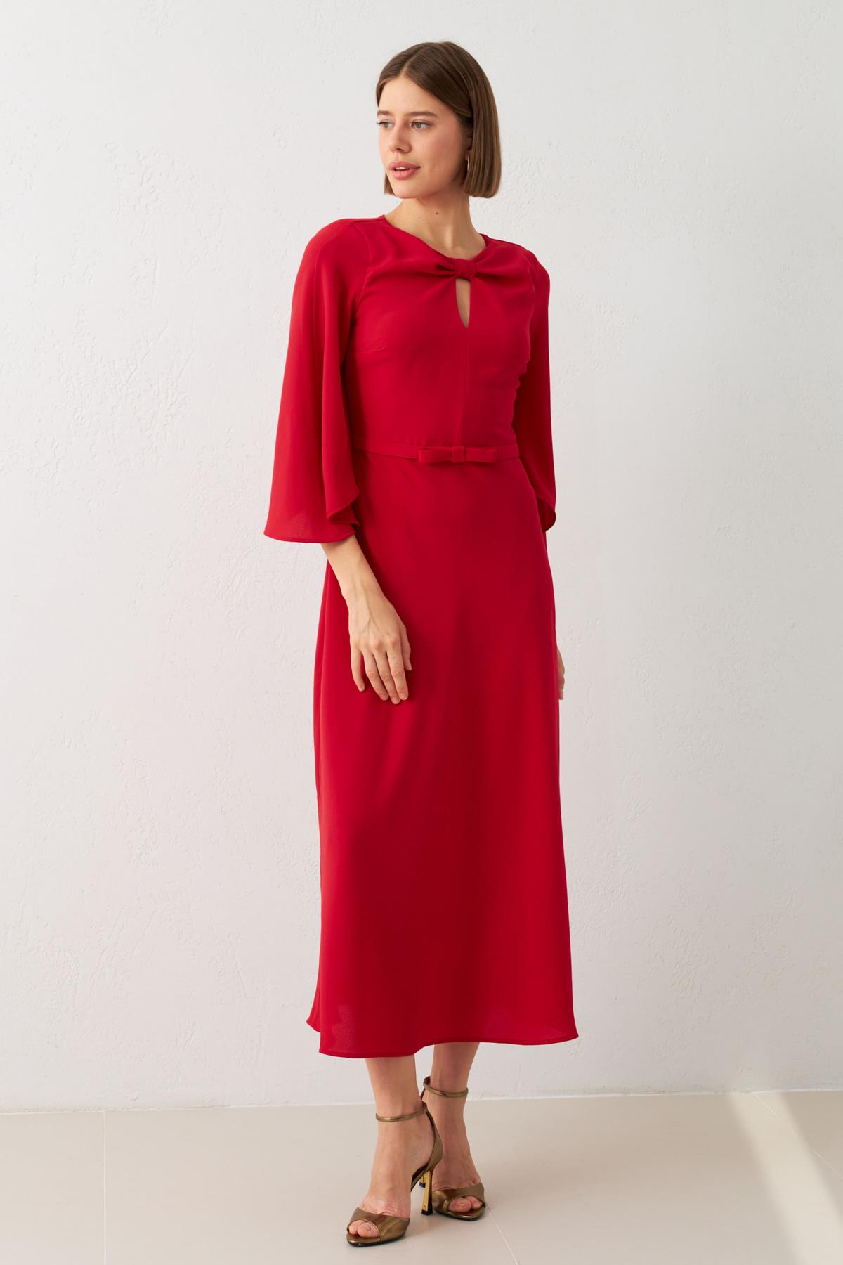 Kırmızı Boyun, Kol Ve Bel Detaylı Midi Boy Elbise Kadın Dresses & Evening Dresses modelleri