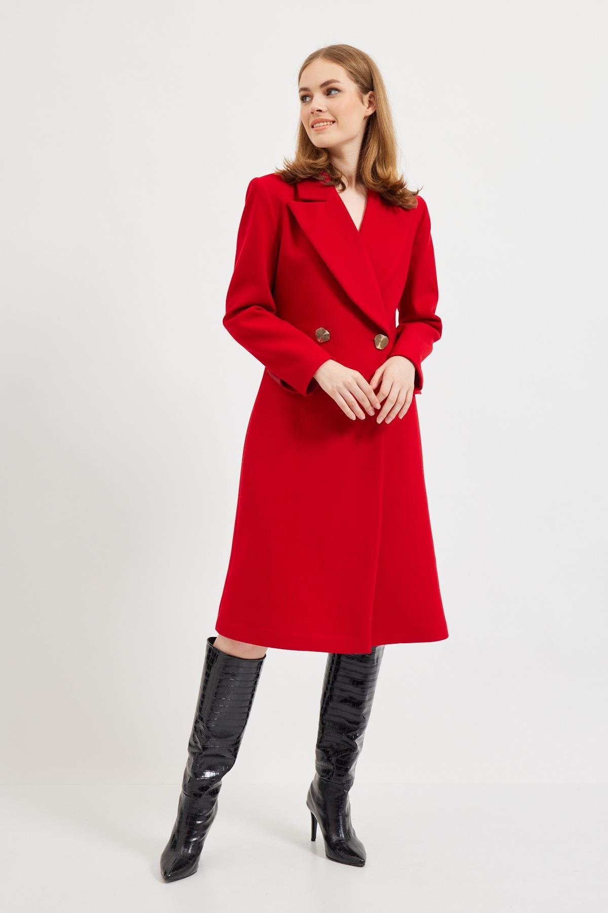 Kırmızı Geniş Yakalı Midi Kaşe Kaban Kadın Long Coat modelleri