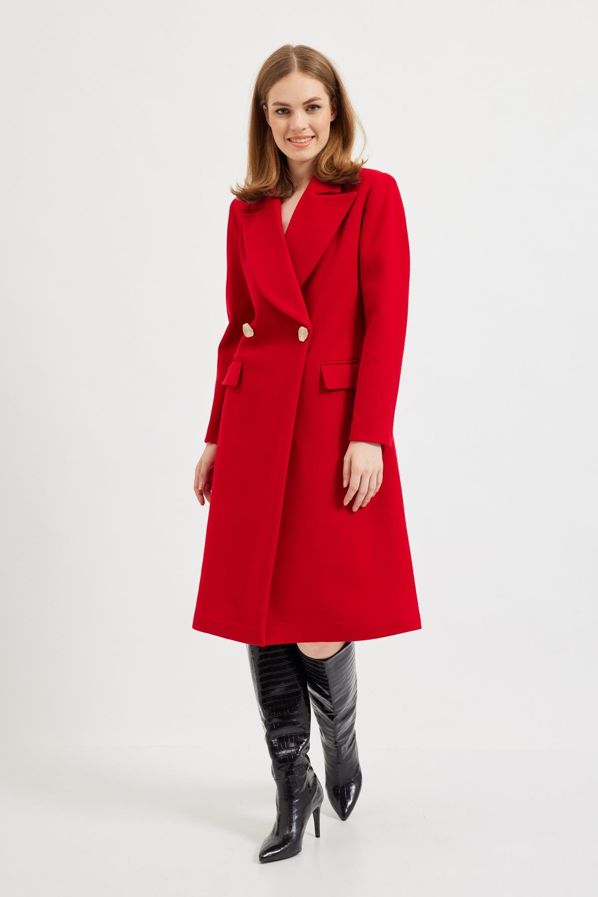 Kırmızı Geniş Yakalı Midi Kaşe Kaban Kadın Long Coat modelleri