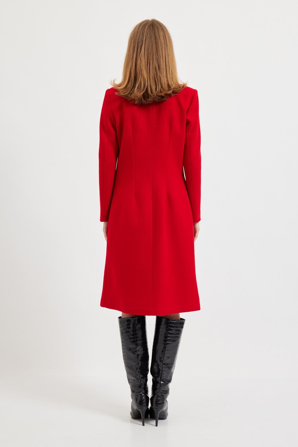 Kırmızı Geniş Yakalı Midi Kaşe Kaban Kadın Long Coat modelleri