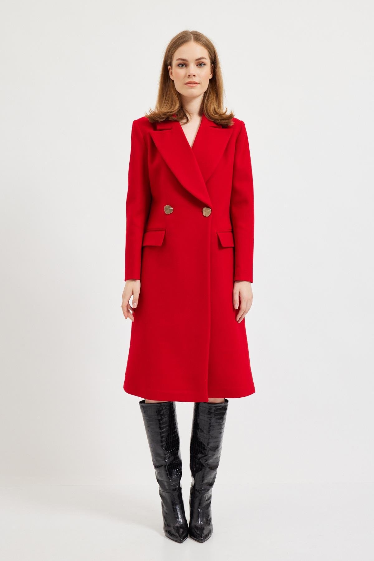 Kırmızı Geniş Yakalı Midi Kaşe Kaban Kadın Long Coat modelleri