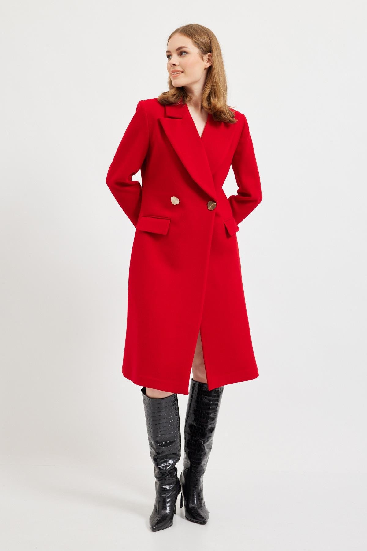 Kırmızı Geniş Yakalı Midi Kaşe Kaban Kadın Long Coat modelleri