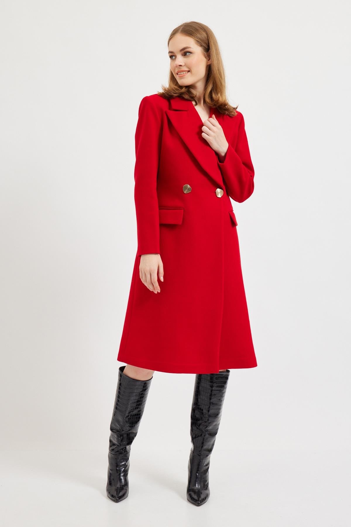 Kırmızı Geniş Yakalı Midi Kaşe Kaban Kadın Long Coat modelleri