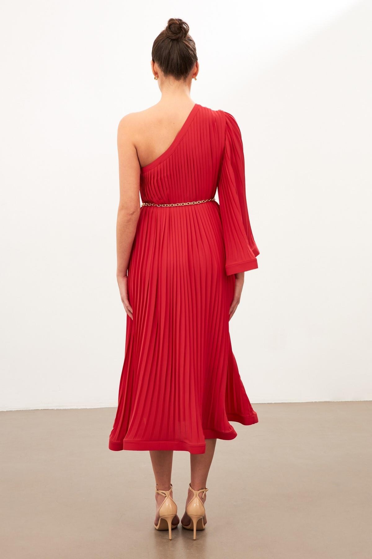 Kırmızı Tek Omuzlu Pile Detaylı Salaş Elbise  Kadın Dresses & Evening Dresses modelleri