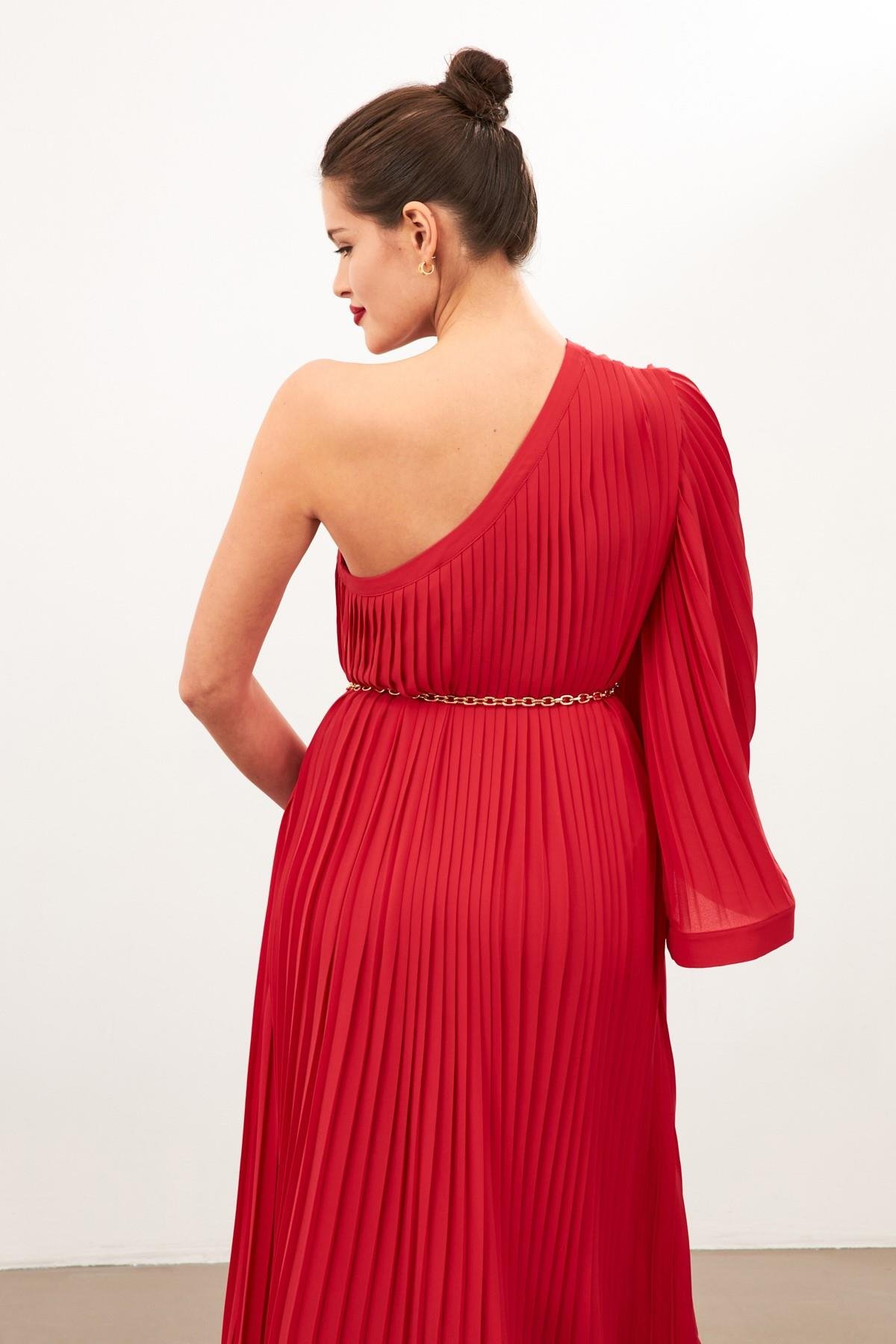 Kırmızı Tek Omuzlu Pile Detaylı Salaş Elbise  Kadın Dresses & Evening Dresses modelleri