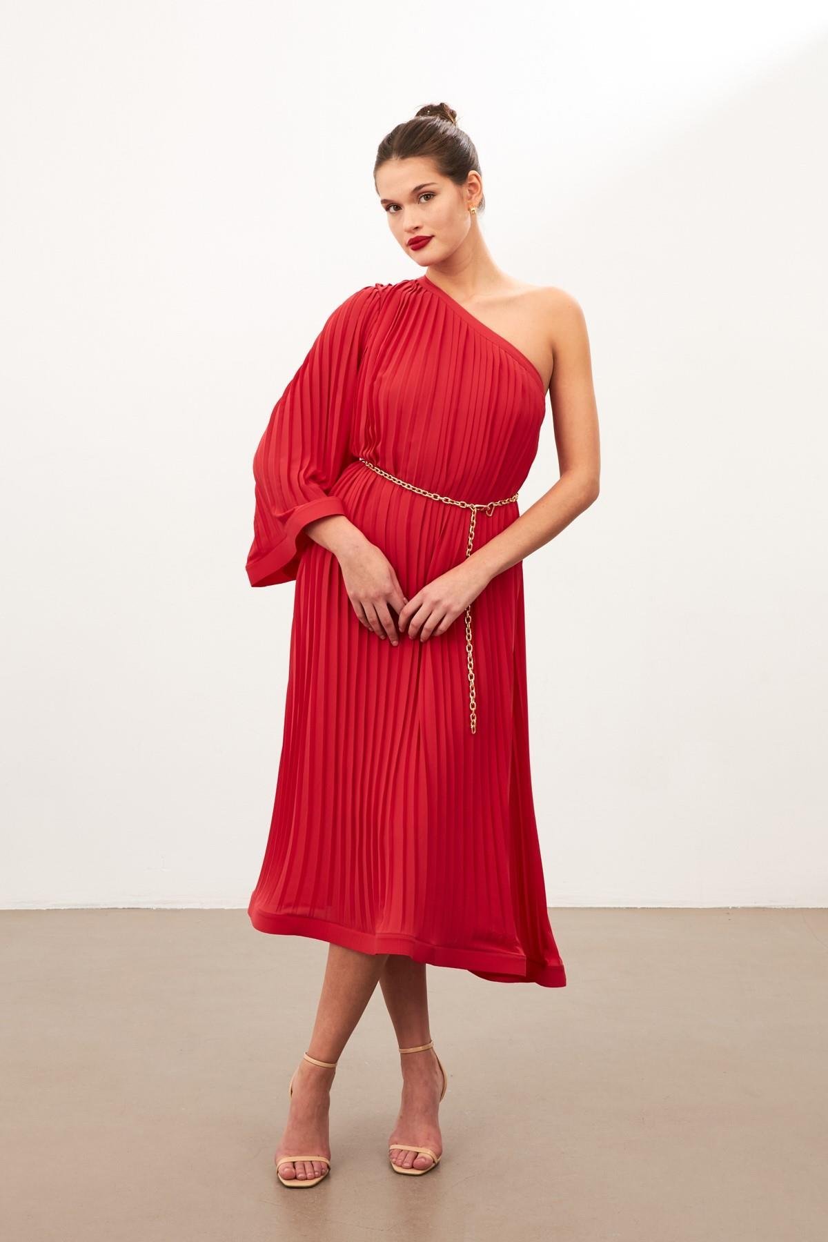 Kırmızı Tek Omuzlu Pile Detaylı Salaş Elbise  Kadın Dresses & Evening Dresses modelleri