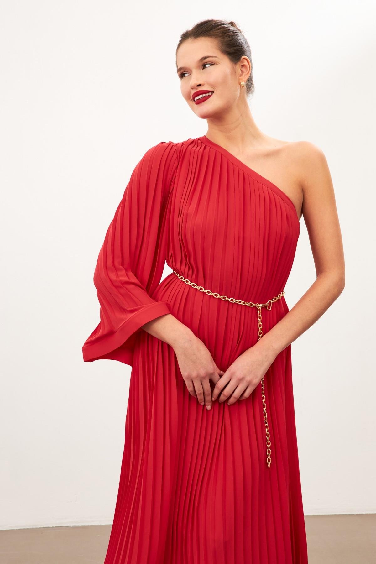 Kırmızı Tek Omuzlu Pile Detaylı Salaş Elbise  Kadın Dresses & Evening Dresses modelleri