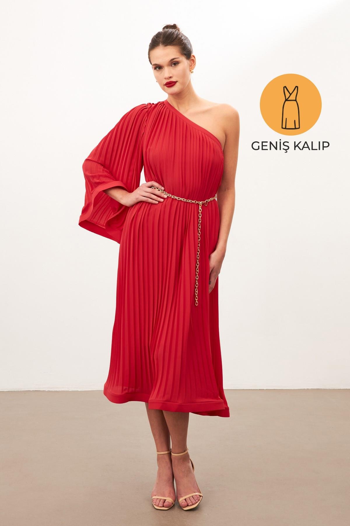 Kırmızı Tek Omuzlu Pile Detaylı Salaş Elbise  Kadın Evening Dress modelleri