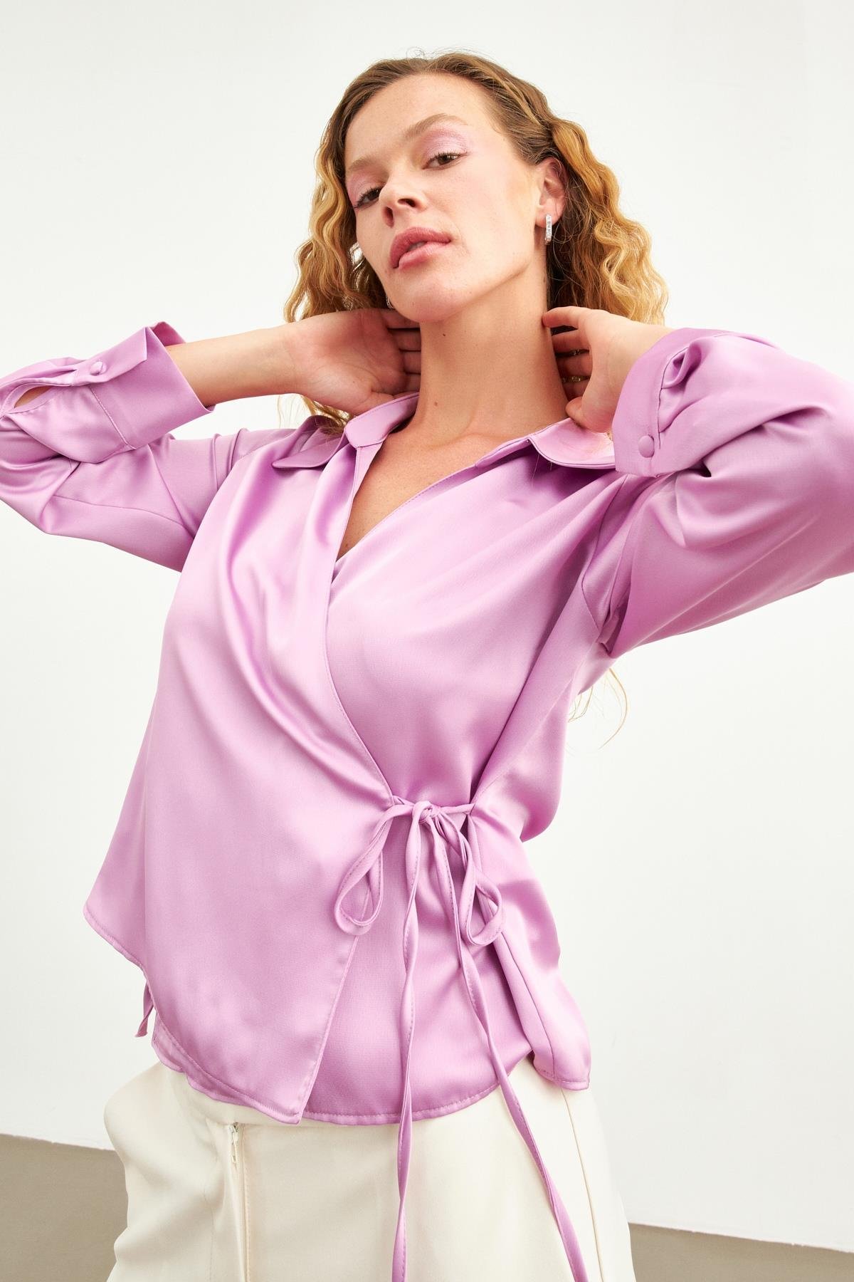 Lila Kruvaze Uzun Kollu Gömlek Kadın Shirt modelleri