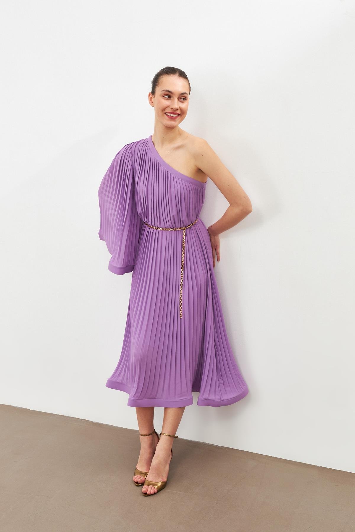 Lila Tek Omuzlu Pile Detaylı Salaş Elbise  Kadın Dresses & Evening Dresses modelleri