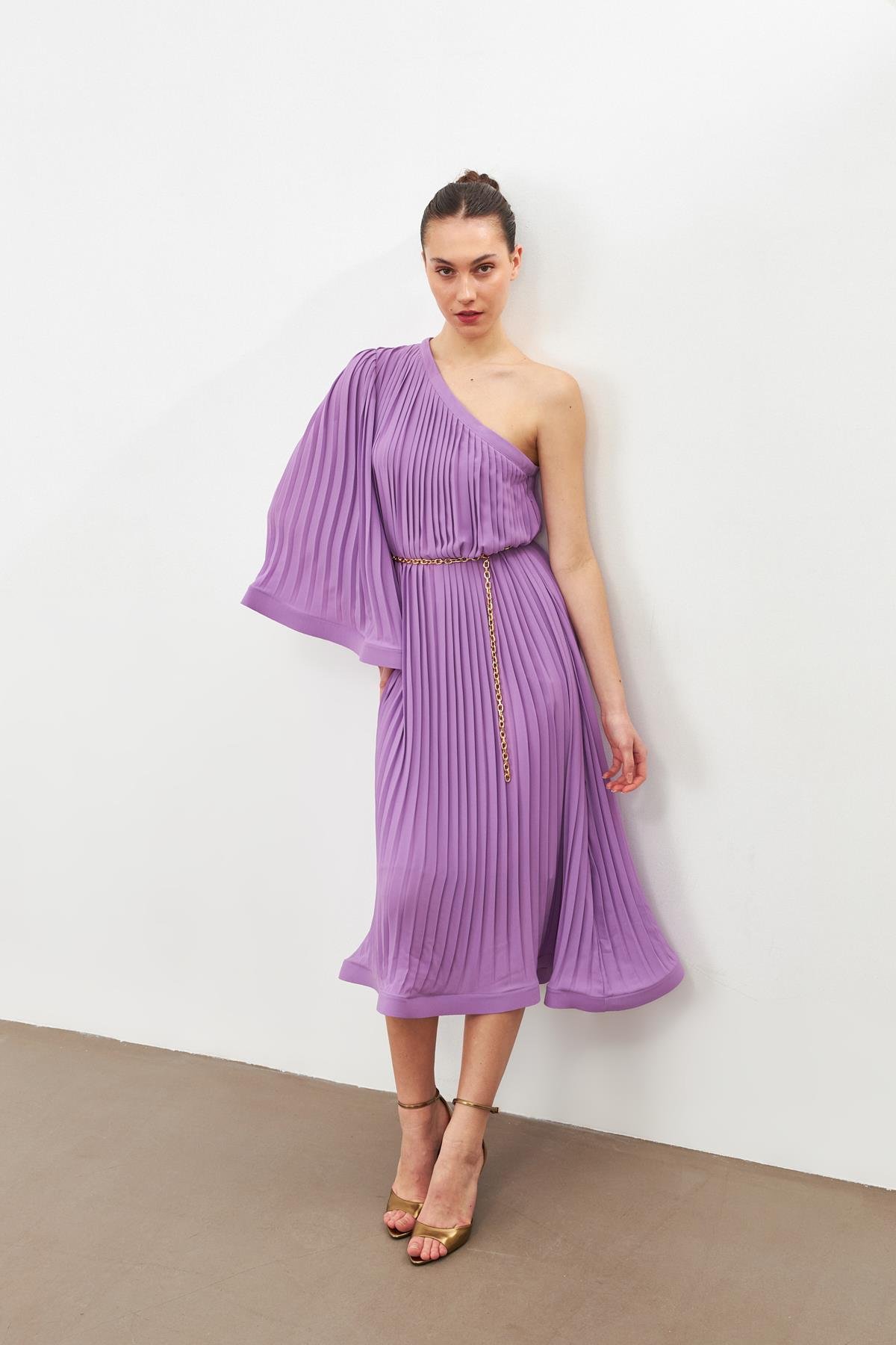 Lila Tek Omuzlu Pile Detaylı Salaş Elbise  Kadın Dresses & Evening Dresses modelleri