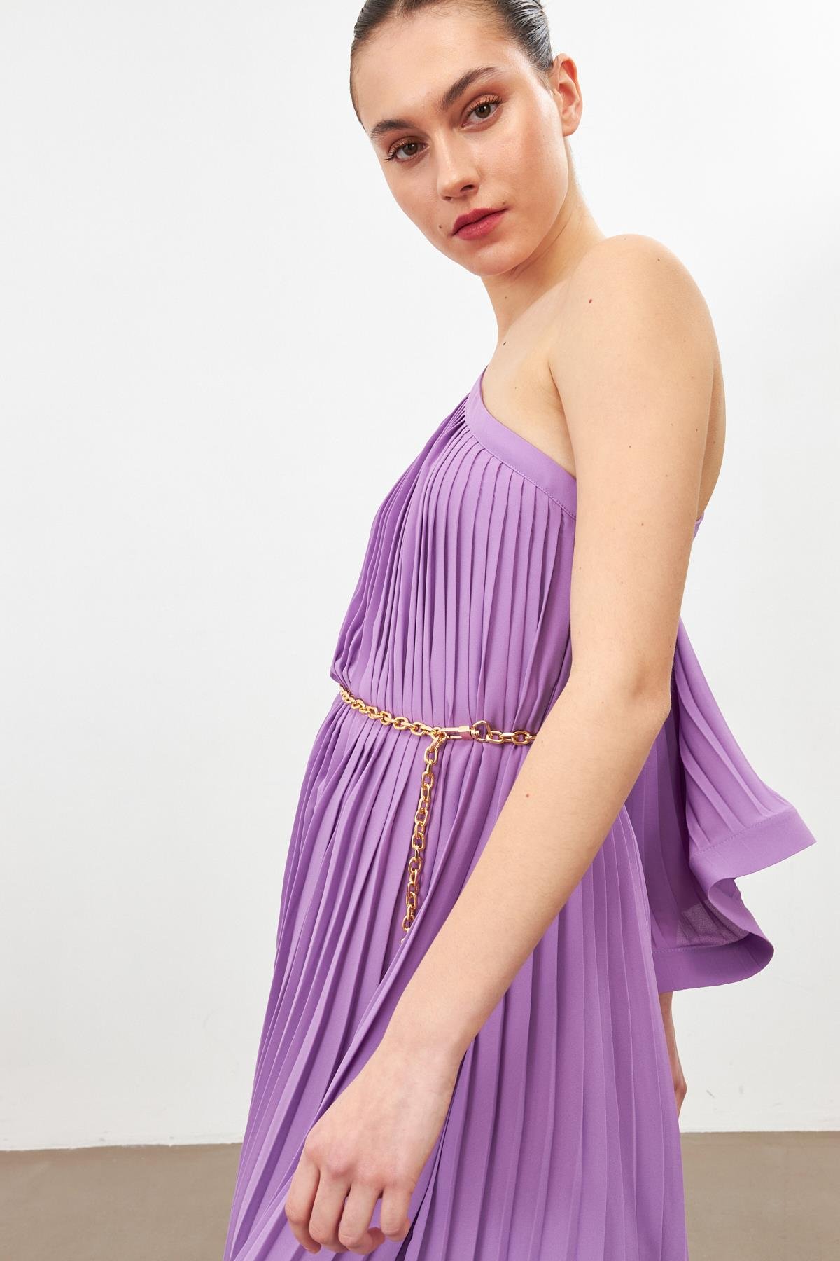 Lila Tek Omuzlu Pile Detaylı Salaş Elbise  Kadın Dresses & Evening Dresses modelleri