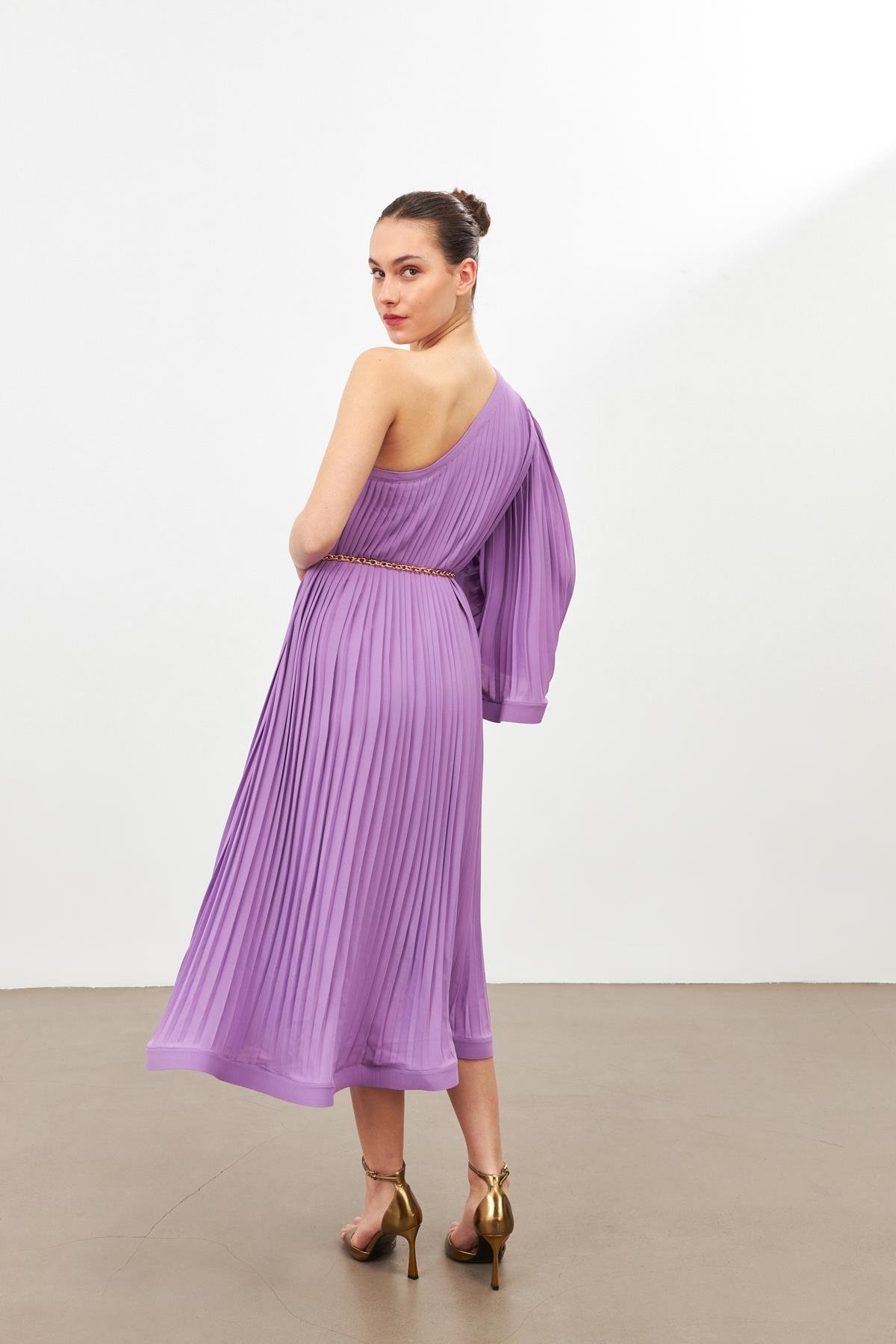 Lila Tek Omuzlu Pile Detaylı Salaş Elbise  Kadın Dresses & Evening Dresses modelleri