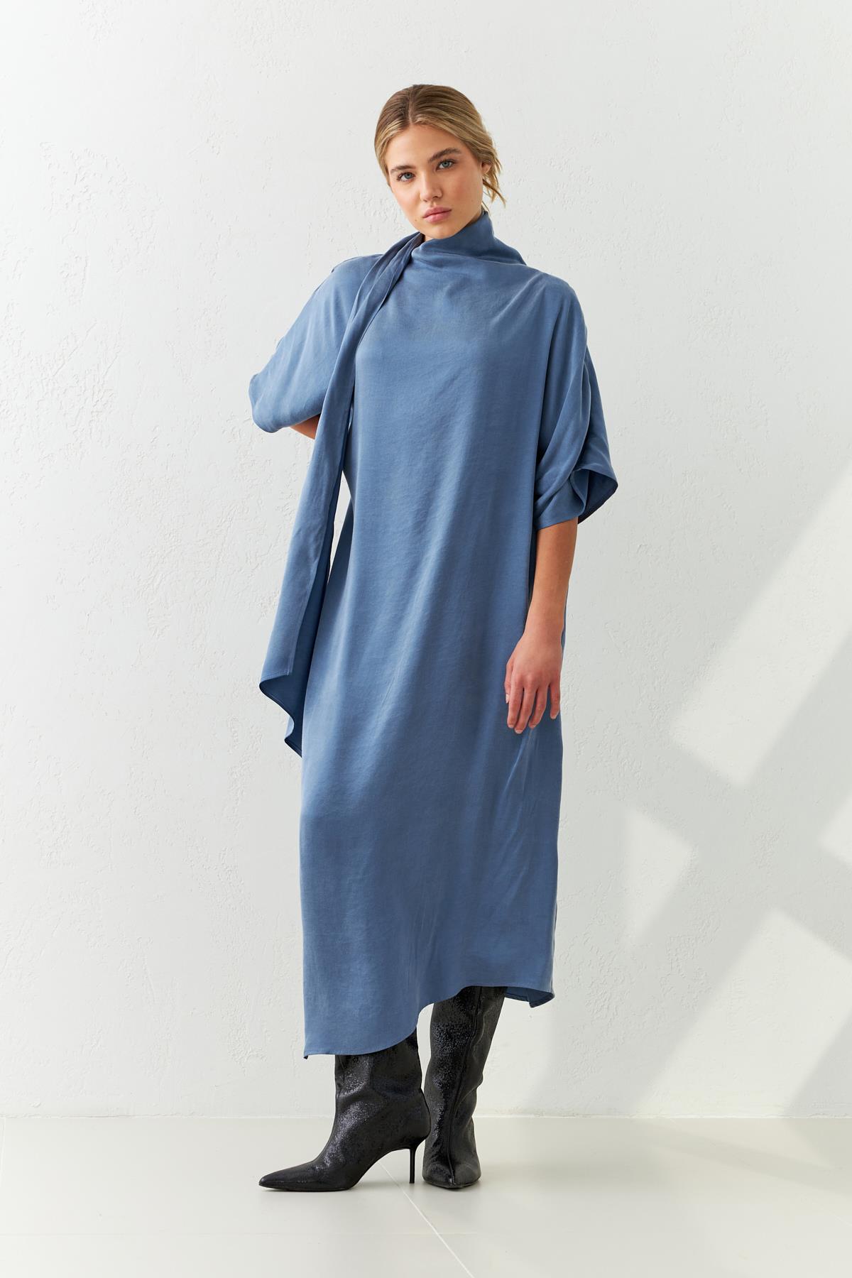 Mavi Boyundan Şal Detaylı Kısa Kollu Rahat Kesim Midi Boy Elbise Kadın Dresses & Evening Dresses modelleri