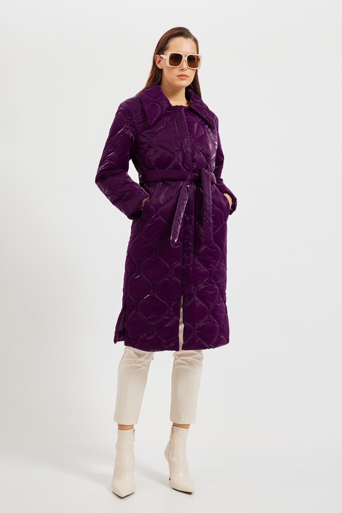 Mor Kapitone Detaylı Kaban Kadın Long Coat modelleri