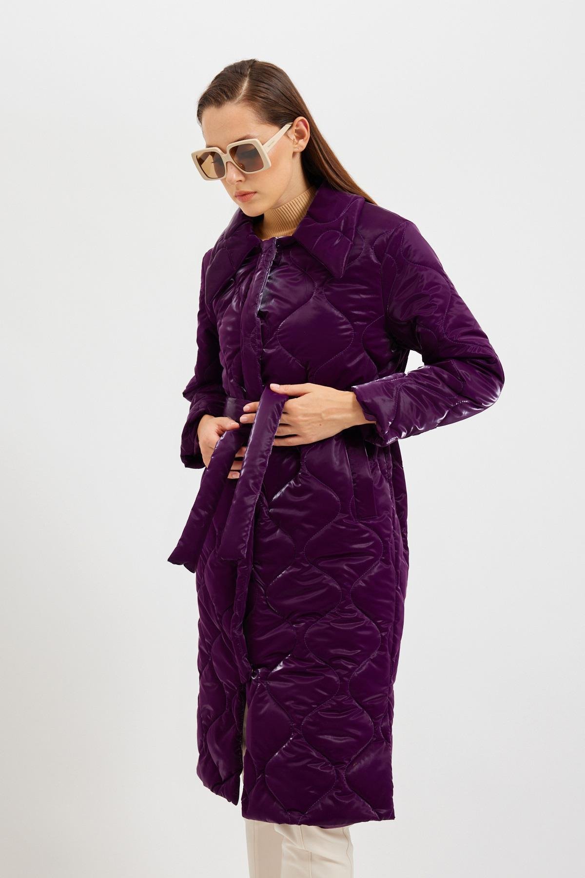 Mor Kapitone Detaylı Kaban Kadın Long Coat modelleri