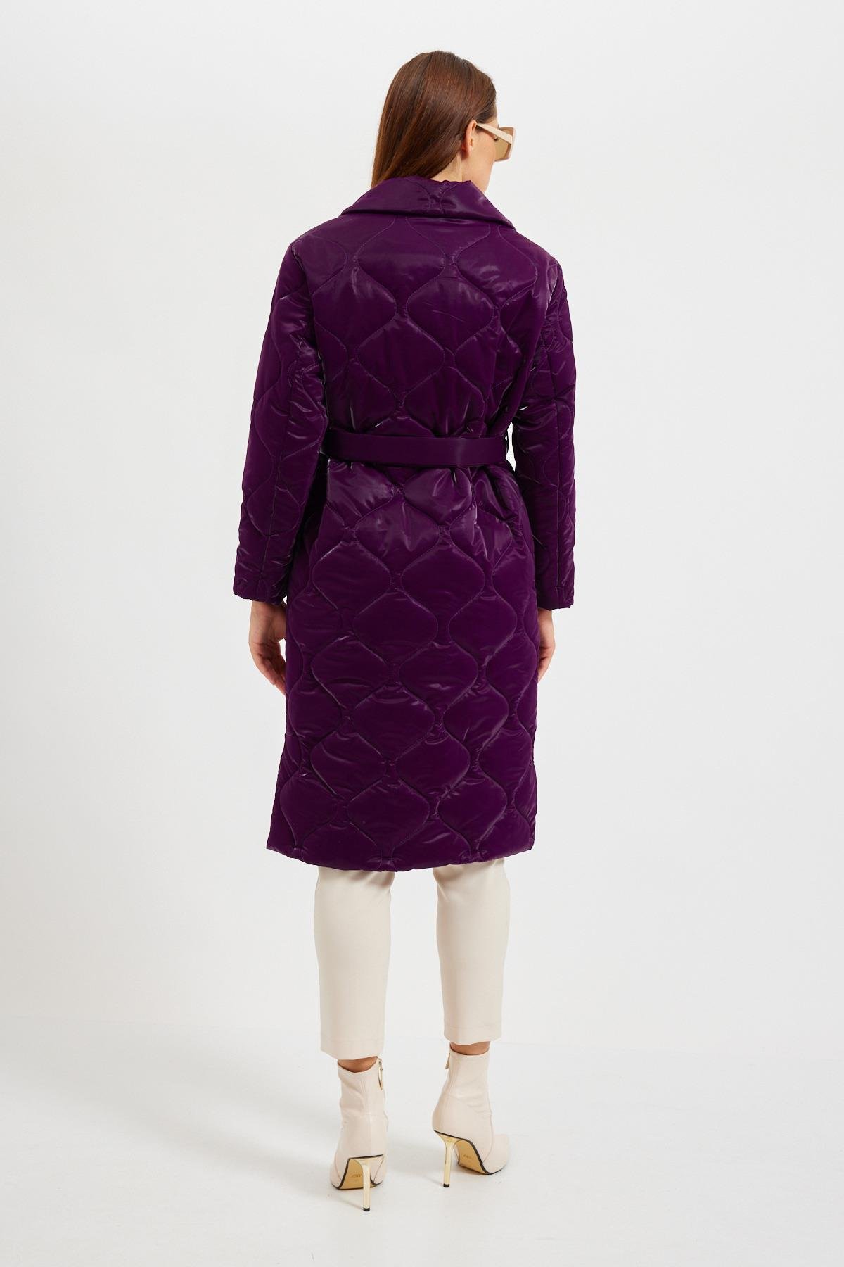 Mor Kapitone Detaylı Kaban Kadın Long Coat modelleri