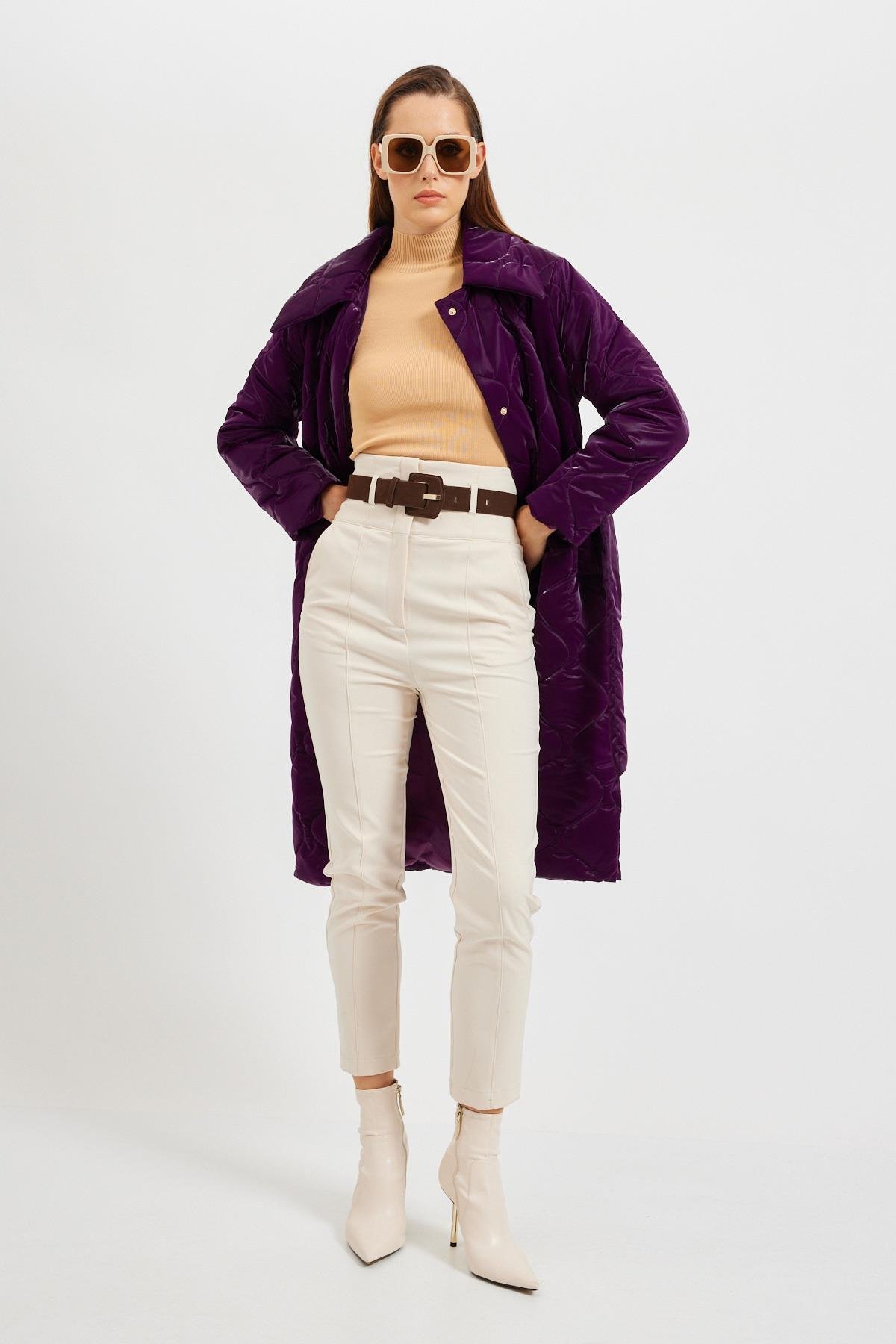 Mor Kapitone Detaylı Kaban Kadın Long Coat modelleri