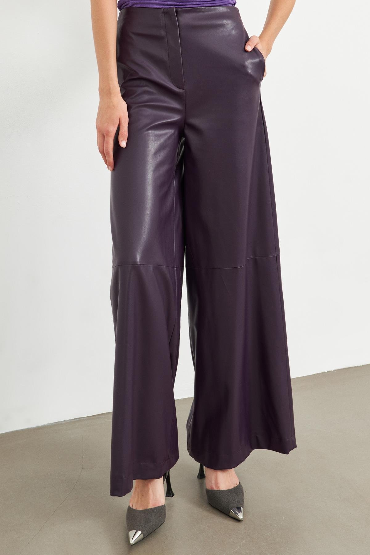 Mürdüm Bol Kesim Deri Pantolon Kadın Pants modelleri