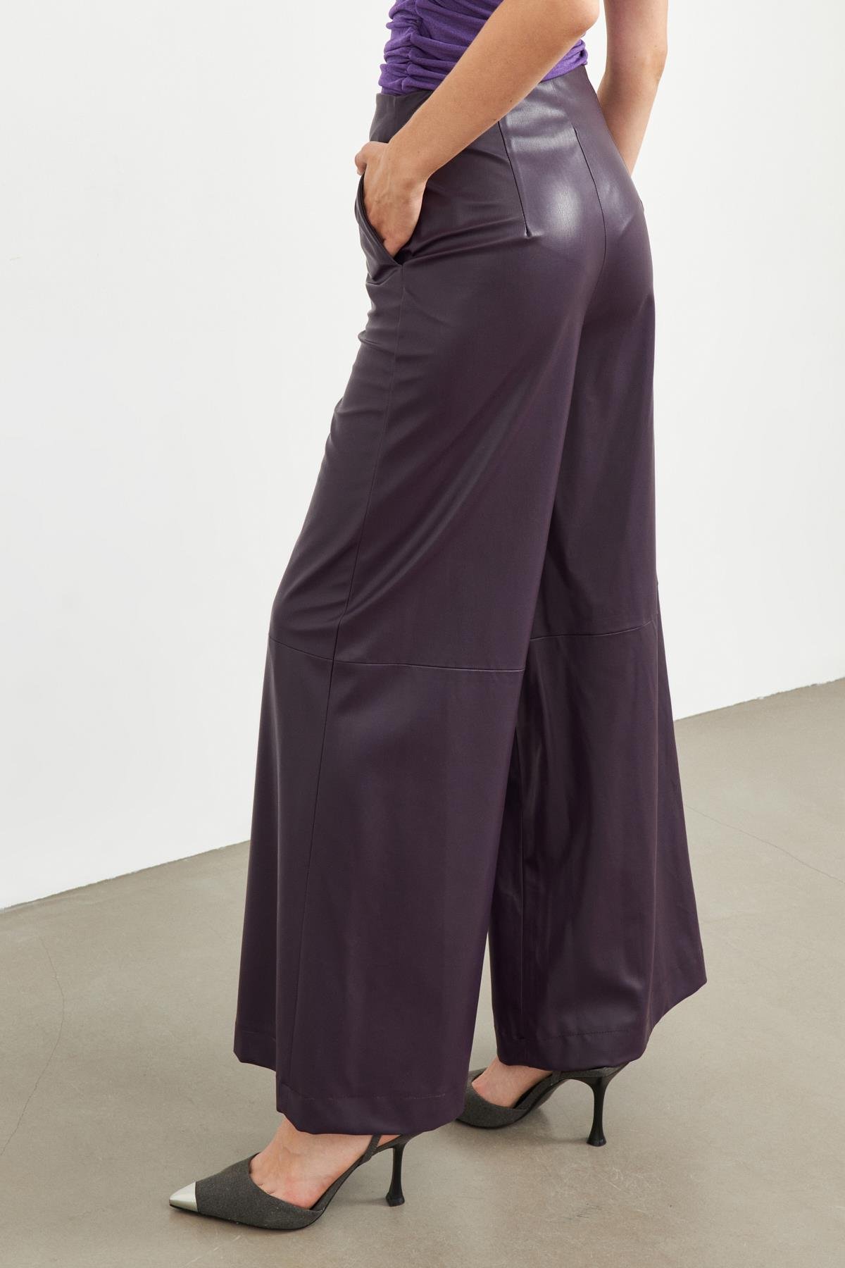 Mürdüm Bol Kesim Deri Pantolon Kadın Pants modelleri