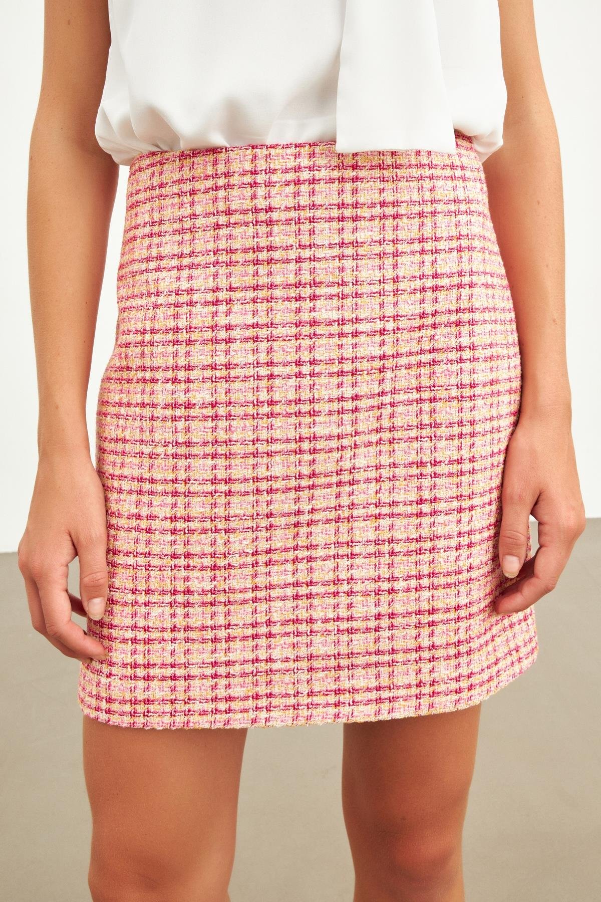 Pembe Ekoseli Mini Boy Etek Kadın Skirt modelleri