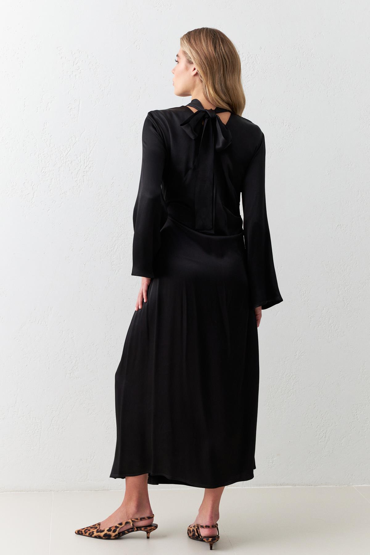 Siyah Asimetrik Yaka Belden Büzgülü Boyundan Bağlama Detaylı Midi Boy Uzun Kollu Elbise Kadın Dresses & Evening Dresses modelleri