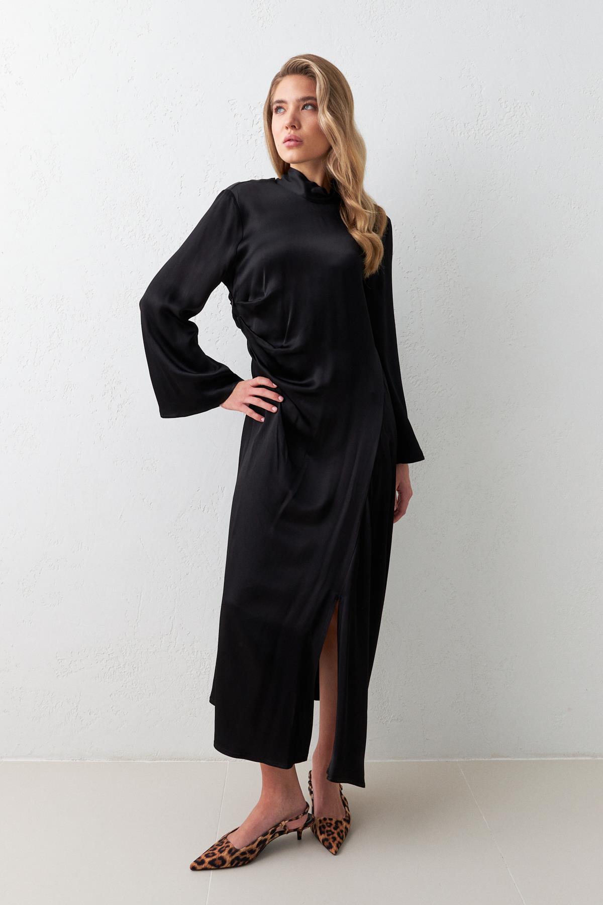 Siyah Asimetrik Yaka Belden Büzgülü Boyundan Bağlama Detaylı Midi Boy Uzun Kollu Elbise Kadın Dresses & Evening Dresses modelleri