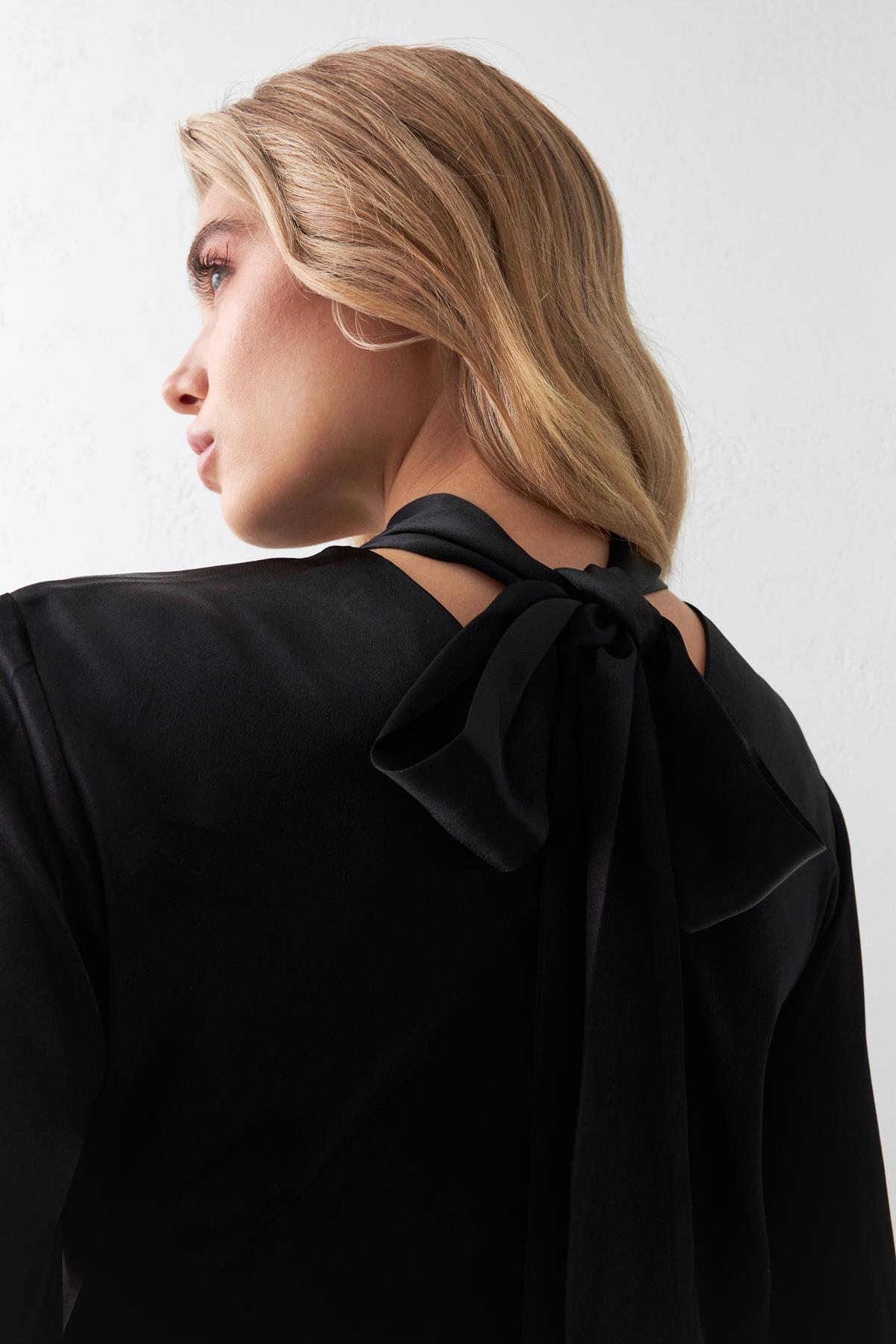 Siyah Asimetrik Yaka Belden Büzgülü Boyundan Bağlama Detaylı Midi Boy Uzun Kollu Elbise Kadın Dresses & Evening Dresses modelleri