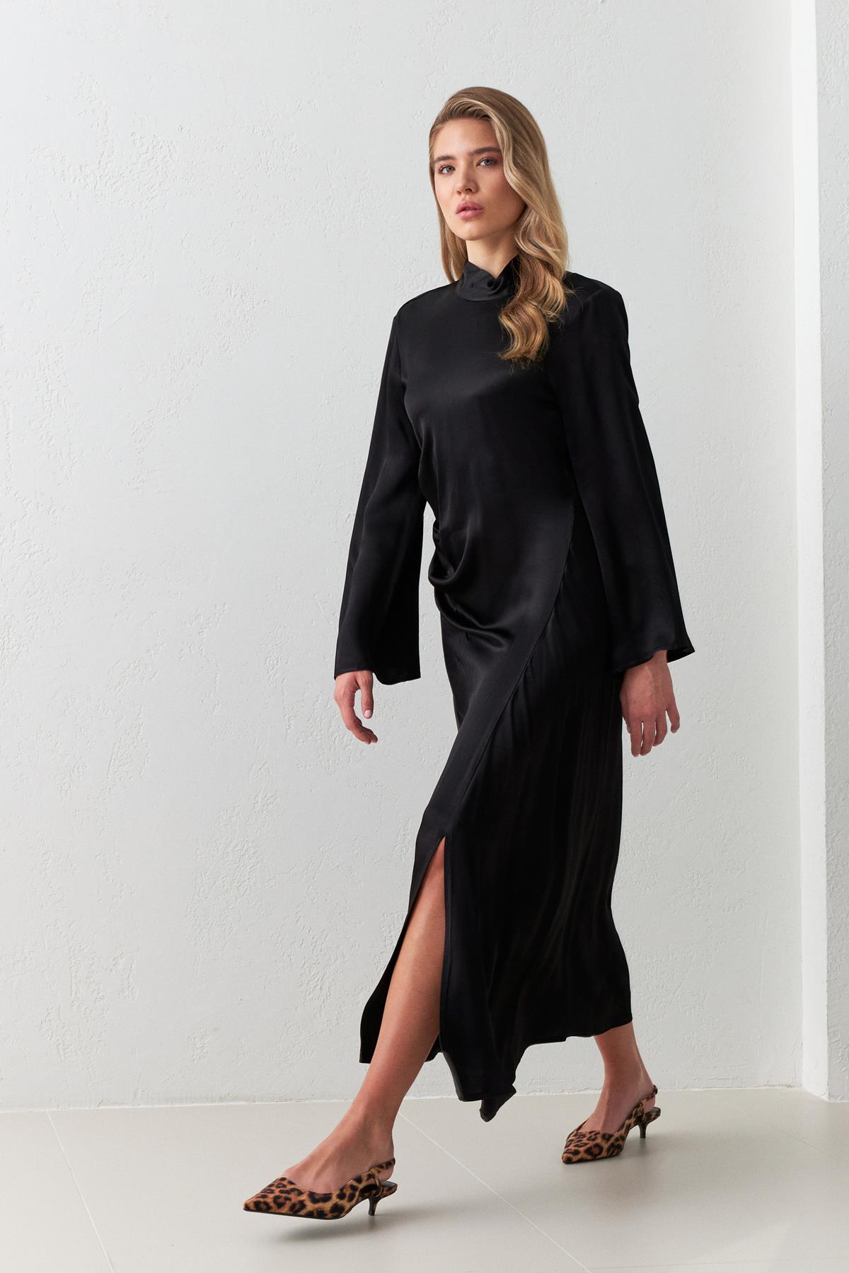 Siyah Asimetrik Yaka Belden Büzgülü Boyundan Bağlama Detaylı Midi Boy Uzun Kollu Elbise Kadın Dresses & Evening Dresses modelleri