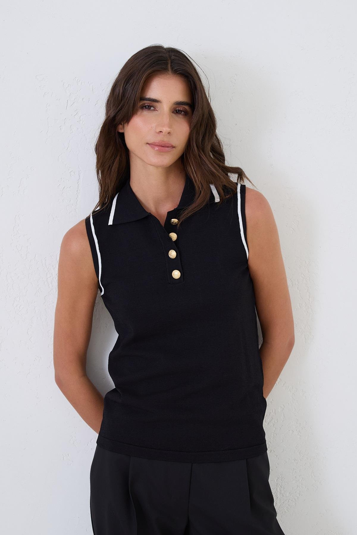 Siyah-Beyaz Düğme Detaylı Gömlek Yaka 0 Kollu Triko Kadın Knitwear modelleri