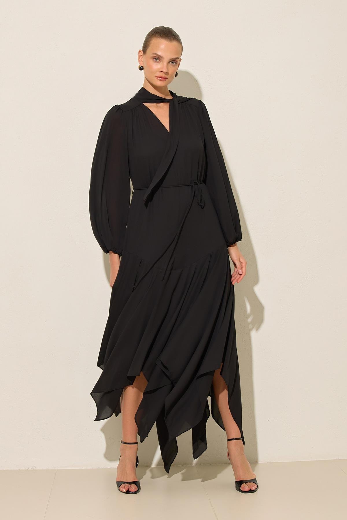 Siyah Boyundan Bağlama Detaylı Rahat Kesim Midi Boy Elbise Kadın Dresses & Evening Dresses modelleri