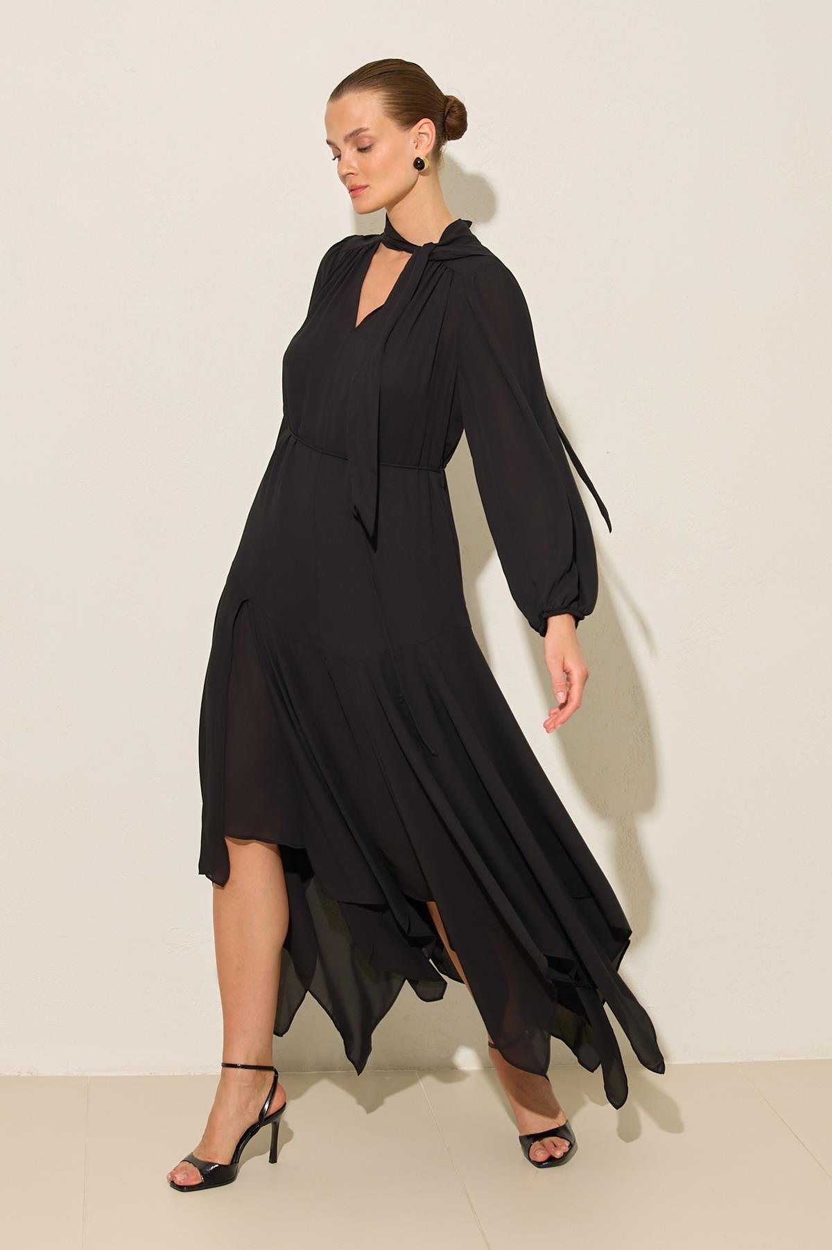 Siyah Boyundan Bağlama Detaylı Rahat Kesim Midi Boy Elbise Kadın Dresses & Evening Dresses modelleri