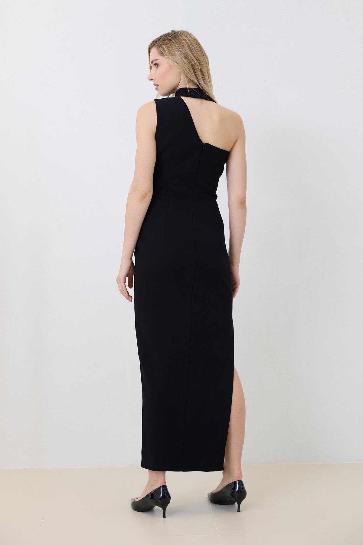 Siyah İnci Ve Boyun Detaylı Yırtmaçlı Midi Boy Elbise Kadın Dresses & Evening Dresses modelleri