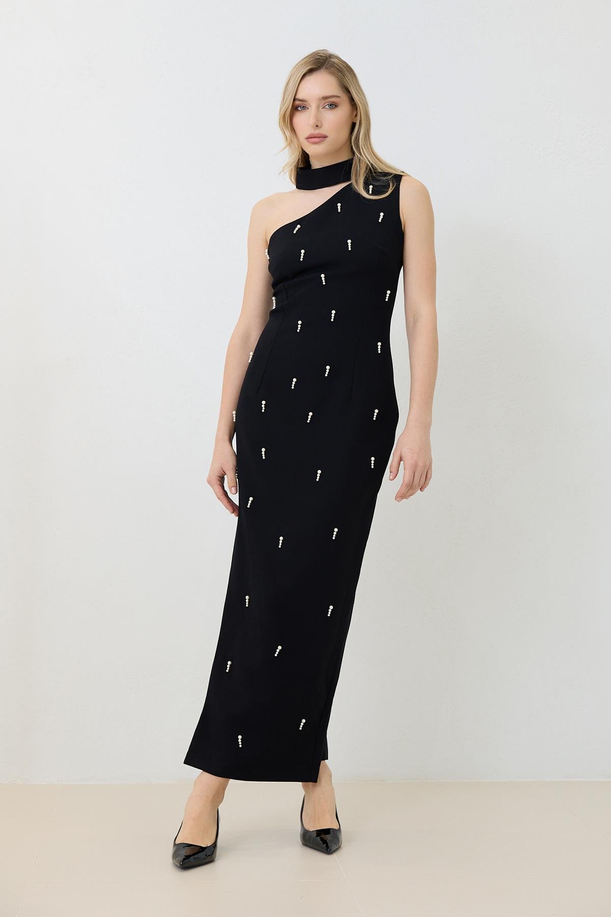 Siyah İnci Ve Boyun Detaylı Yırtmaçlı Midi Boy Elbise Kadın Dresses & Evening Dresses modelleri