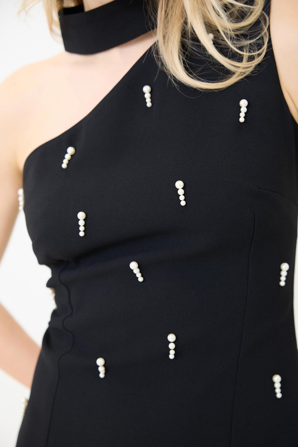 Siyah İnci Ve Boyun Detaylı Yırtmaçlı Midi Boy Elbise Kadın Dresses & Evening Dresses modelleri