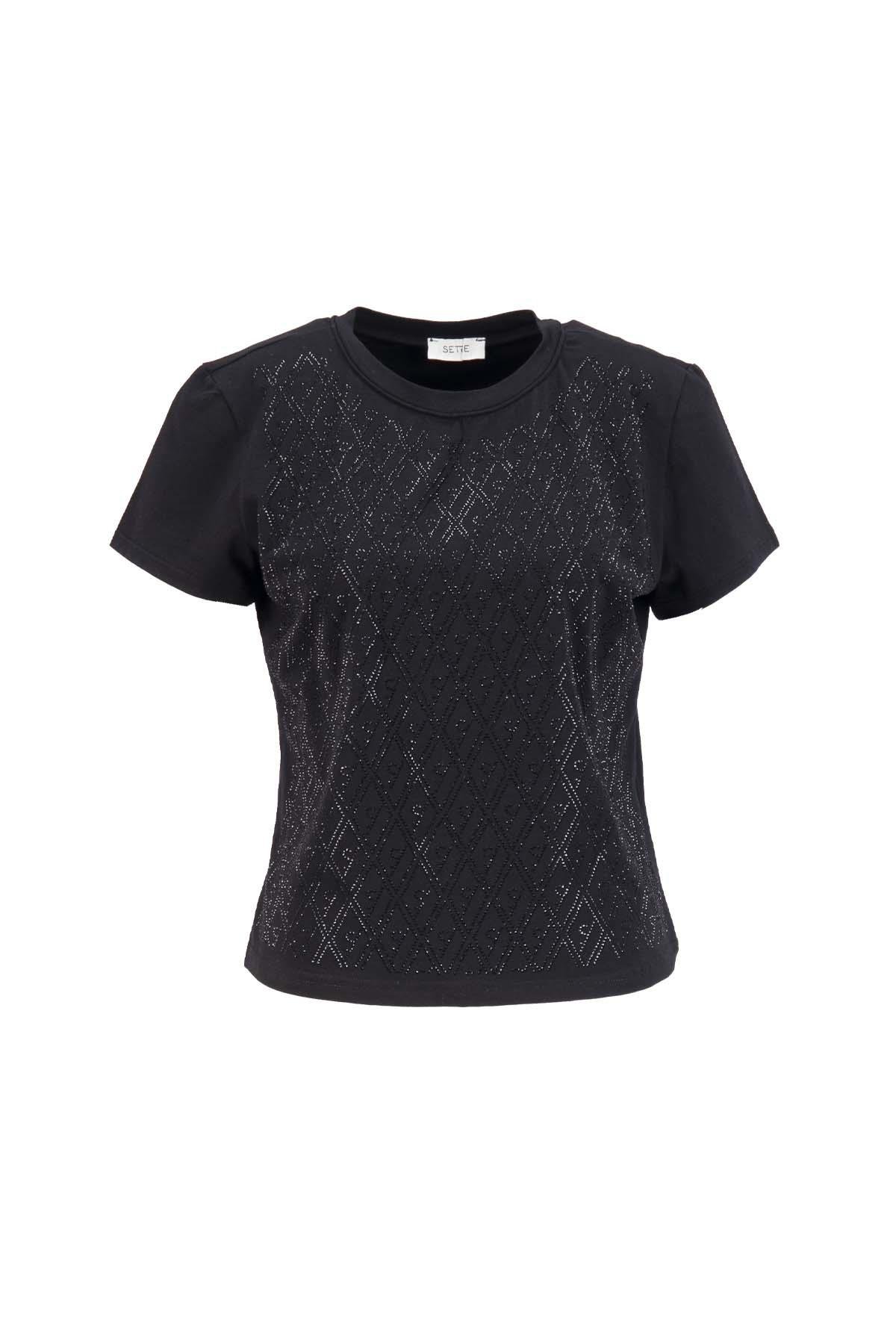 Siyah Simli Bisiklet Yaka Tişört Kadın T-Shirt modelleri