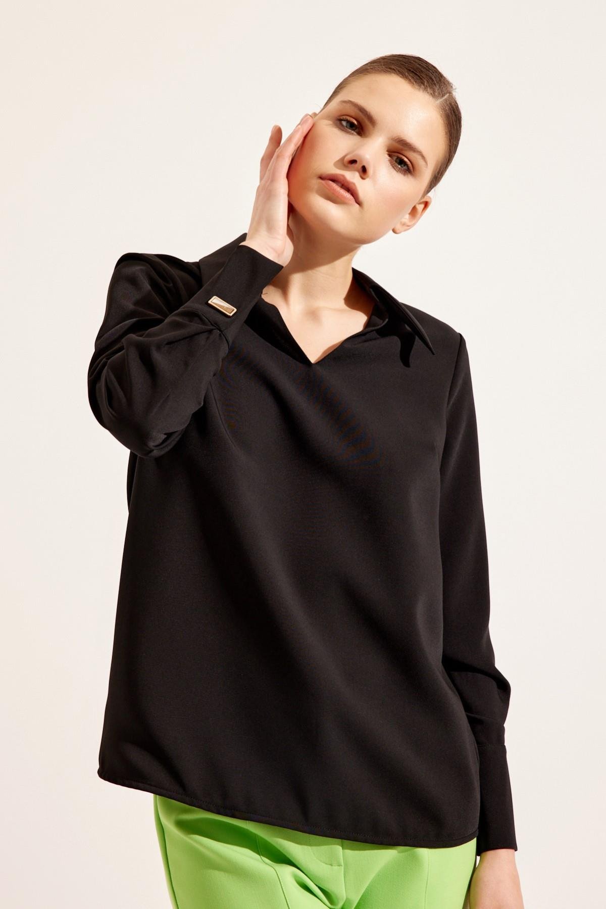 Siyah Uzun Kollu Yaka Detaylı Bluz Kadın Blouse modelleri