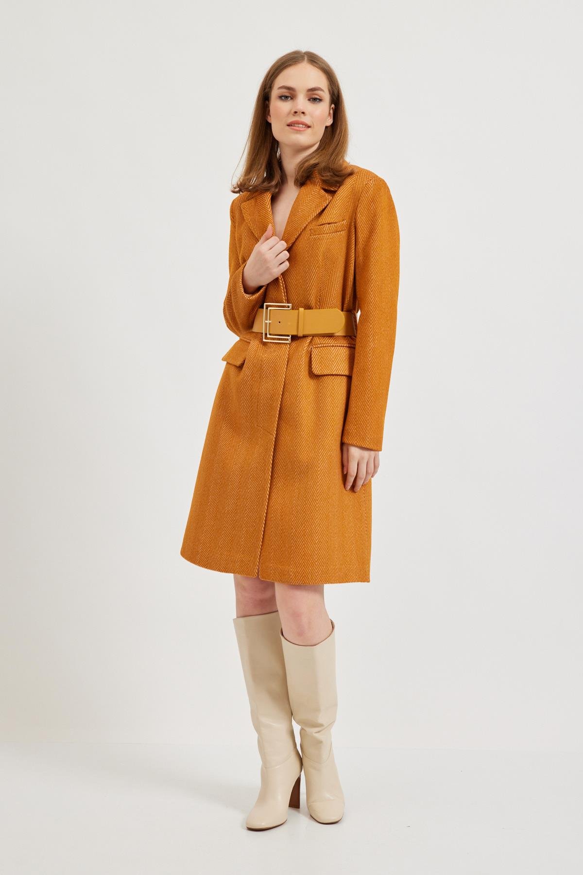 Taba Gizli Düğmeli Desenli Kaban Kadın Long Coat modelleri
